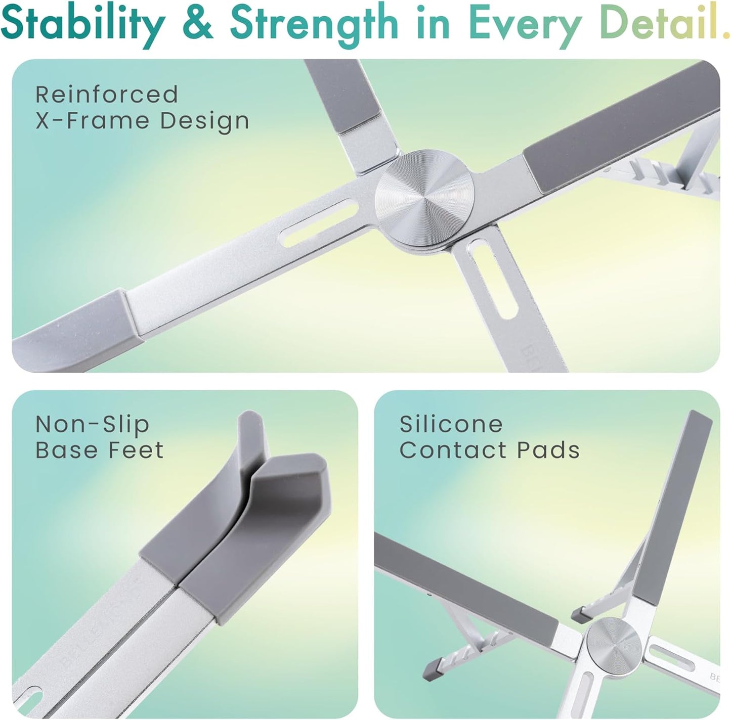 BELLEMOND | X-Shape Laptop Stand – Adjustable Aluminum Riser, 5 Height Levels, Lightweight & Foldable, Ventilated, for Laptops and Tablets up to 17.3" | Space Silver