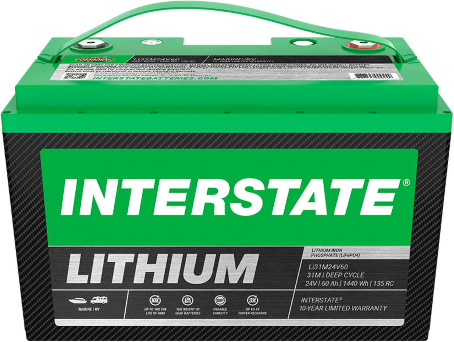 Interstate Batteries 24V 60Ah Group Size 31M Lithium Marine/RV Deep Cycle LiFePO4 Battery, Maintenance Free, Lightweight, Ideal For Boats, Trolling Motors, RV Camping, Off-Grid, Yachts (Li31M24V60)