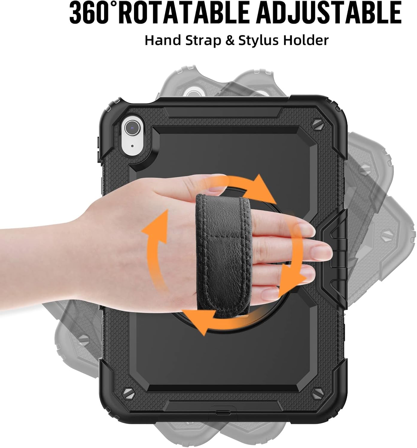 BLOSOMEET Case for iPad A16 11th/10th Generation 11''/10.9'' 2025/2022 with Tempered Glass Screen Protector & Pencil Holder, Rugged Military Grade Cover w/Stand Hand Shoulder Strap, Black