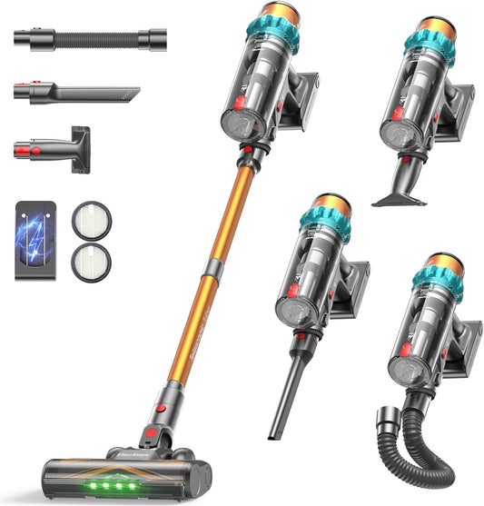 ElecKeys Cordless Vacuum Cleaner, 600W 50KPA 70Mins Self-Standing Vacuum Cleaners for Home, Stick Vacuum with Touch Screen, Anti-Tangled Vacuum Cordless for Pet Hair, Floors, Carpets, Gold