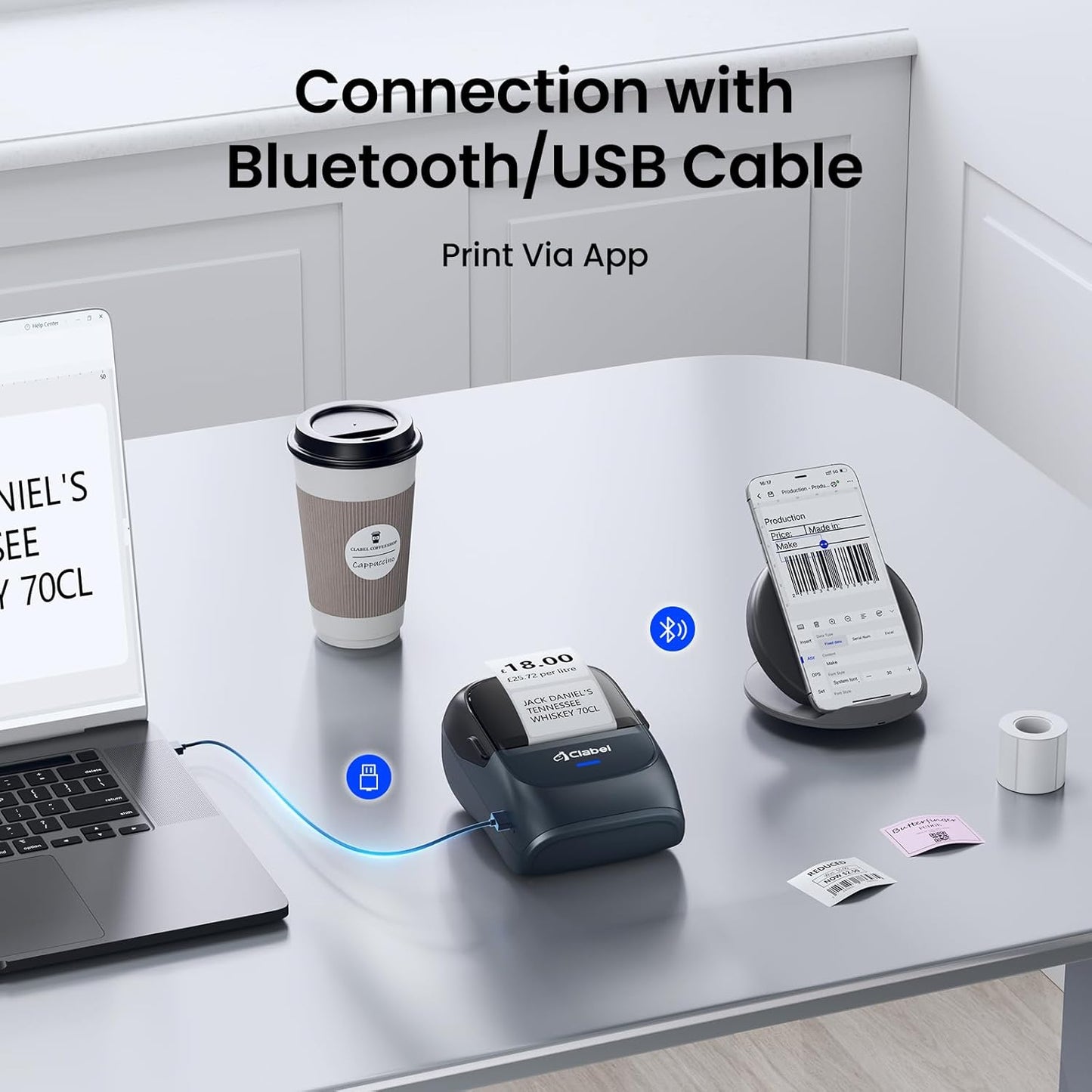 CLABEL Thermal Label Maker Machine: 221B Bluetooth Label Maker Machine with Tape Mini Sticker Printer Barcode Printer Compatible with Smartphone with 1 Roll 40x30mm Label (Blue)