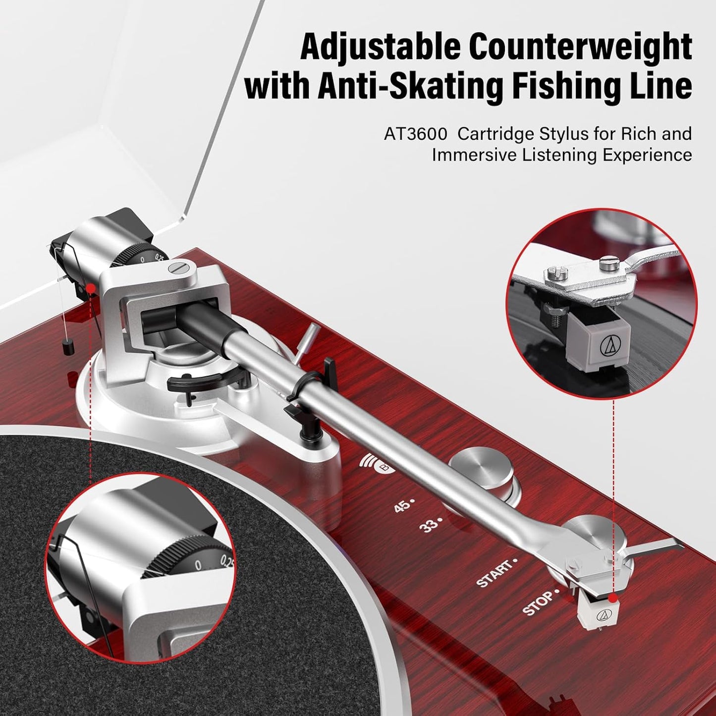 Belt Drive Turntable for Vinyl Record Player,Connect with Bluetooth Speakers or Active Speaker,Built-in Phono Pre-amp,USB Digital Output, Magnetic Cartridge,High-Gloss Wood Design(Red)