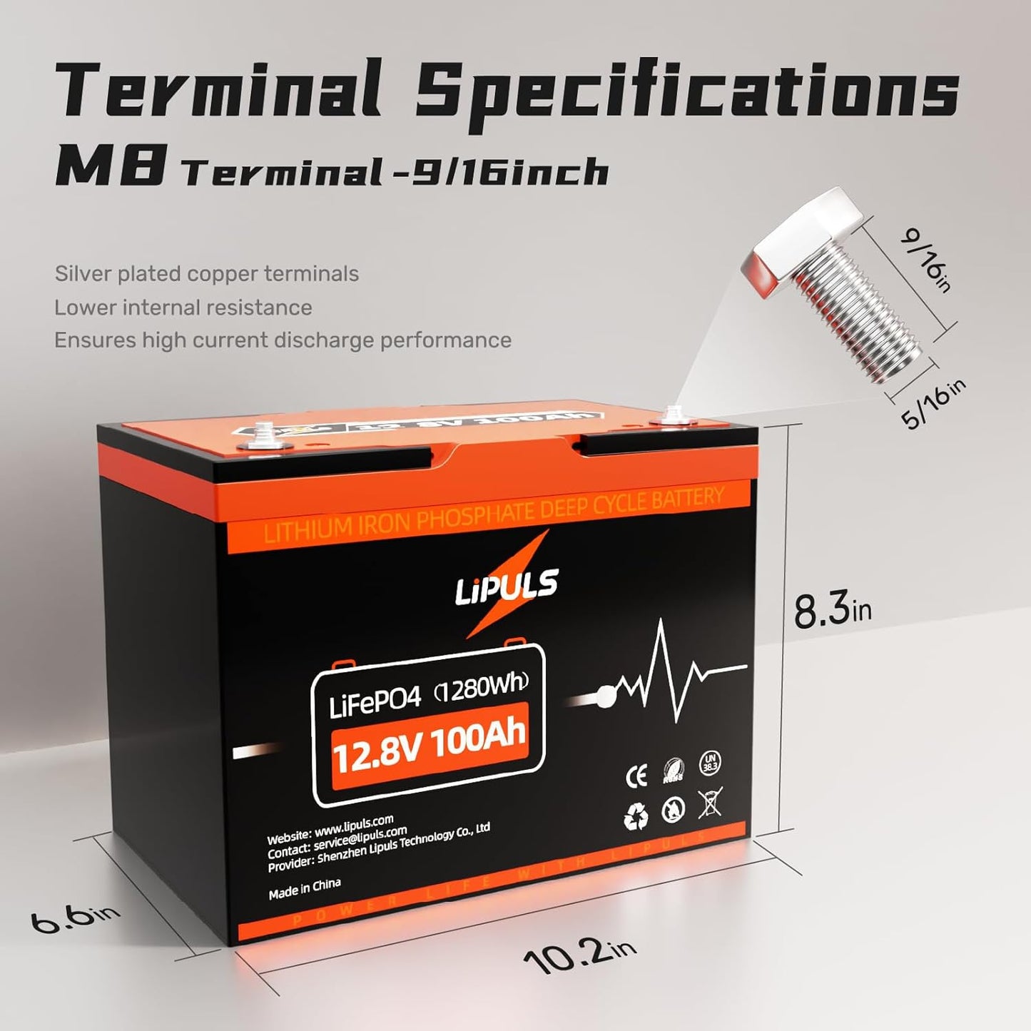 12.8V 100Ah LiFePO4 Battery, Group 24 Size • Built-in 100A BMS, Max.1280Wh Lithium Iron Phosphate Battery, 10-Year Lifespan Lithium Battery, Perfect for Trolling Motor, RV, Solar Home, Off-Grid