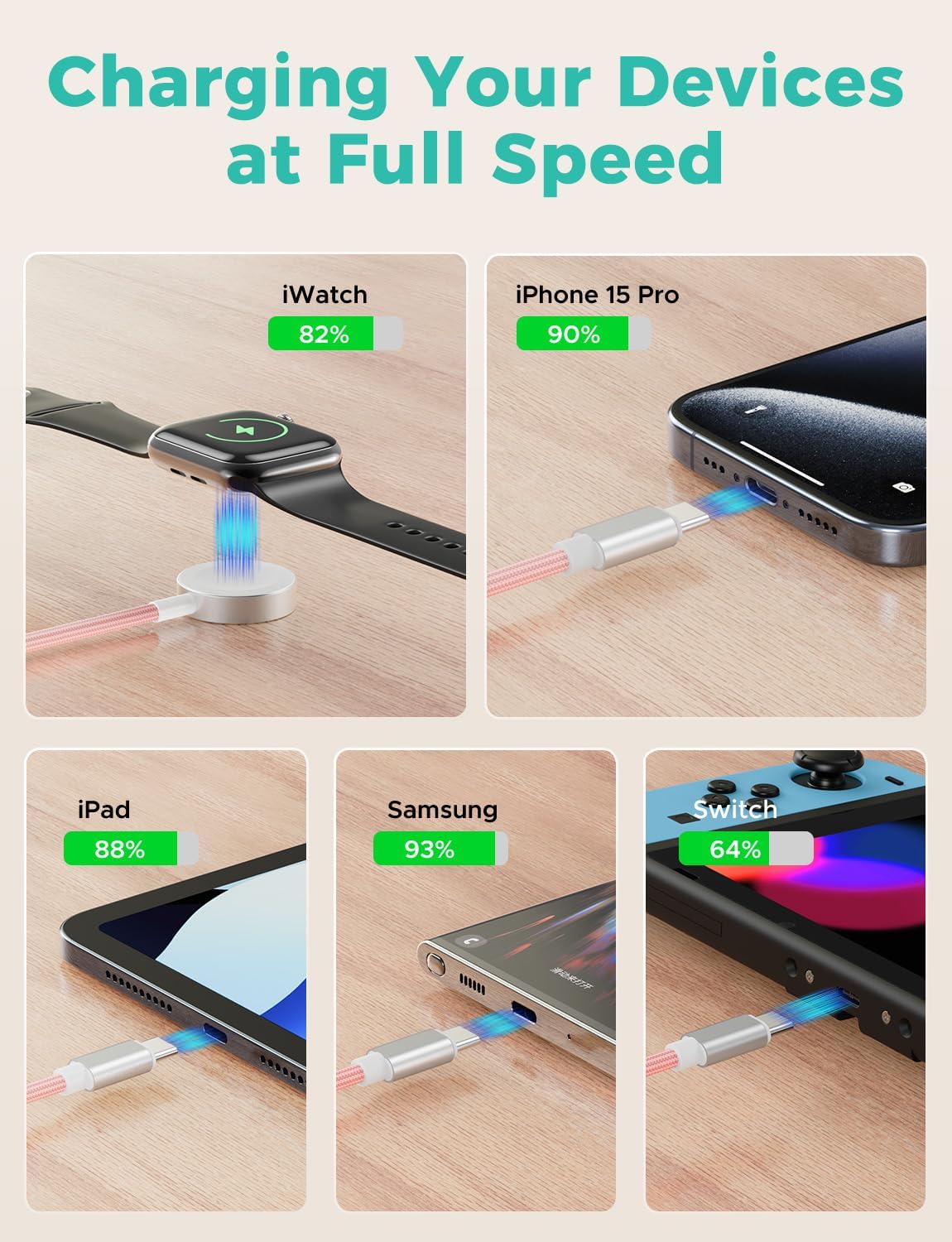 2Pack Pink-Travel Essentials 3 in 2 USB C Cable for Watch Charger Phone Charger USB C Multi Fast Charging Cable Compatible with Watch Ultra/SE/10/9/8/7/6/5/4/3/2/1 & Phone 16/15/14/Galaxy S23-4FT