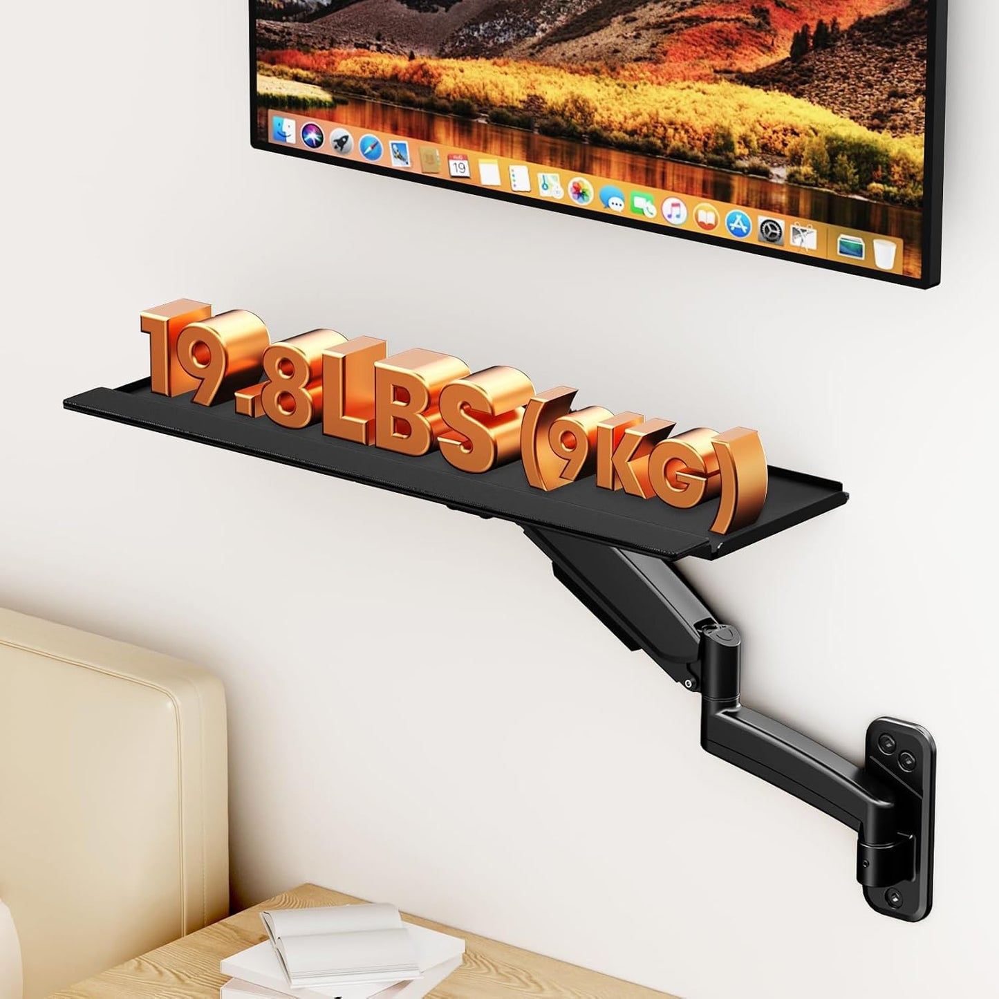 Keyboard Tray Wall Mount,Sit-Stand 26 Inch Keyboard and Mouse Stand,Height Adjustable Typing Platform,360 Degree Rotation, Holds up to 19.8 lbs, Black