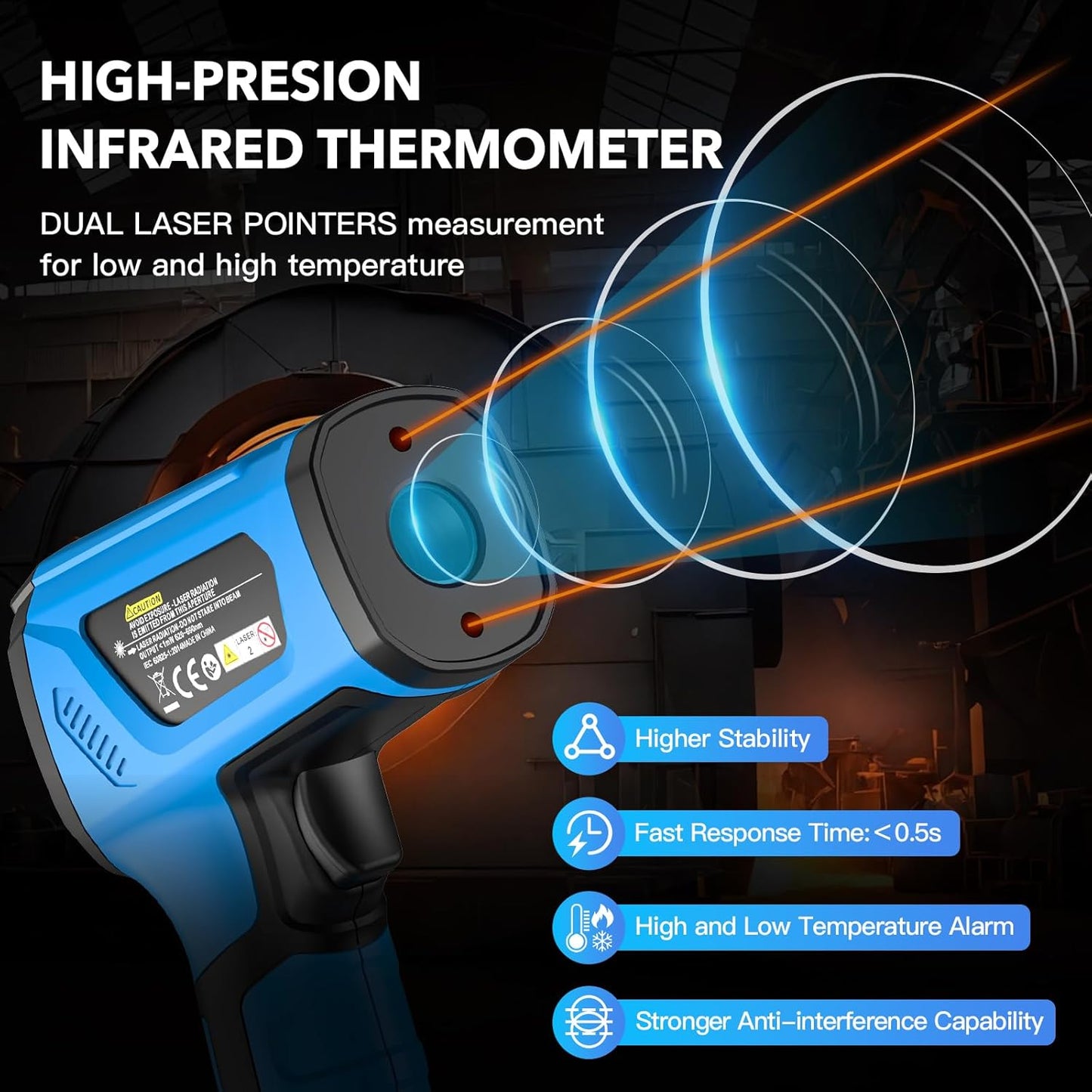 Infrared Thermometer Temperature Gun, -40℉ to 2192℉ Dual Laser High Temp Thermometer with LCD Color Display, Non-Contact Industrial Pyrometer 50:1 Distance Ratio, Adjustable Emissivity