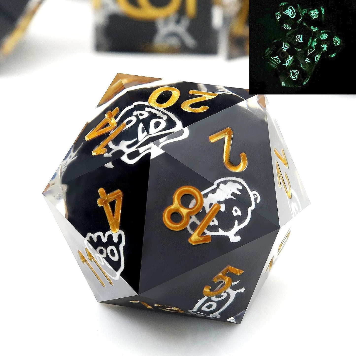 Haxtec Sticker Sharp Edge Dice Halloween Dice Resin DND Dice Set 7PCS Glow in The Dark Polyhedral D&D Dice for Compatible with Dungeons and Dragons