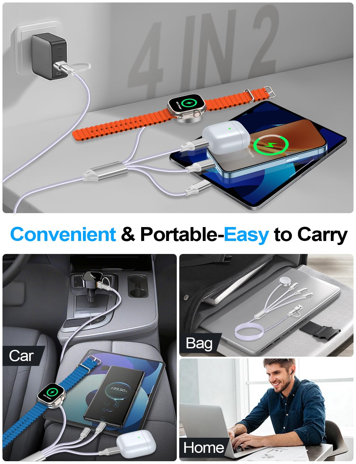 4-in-2 Charging Cable for Apple Watch Charger/Samsung/iPhone Charger,Car/Office/Camping/Travel Essentials,Type C Cable Multi Cord for iWatch Ultra/10-2/iPhone 16-11/Samsung S25-S20,iPad,airPods-Purple