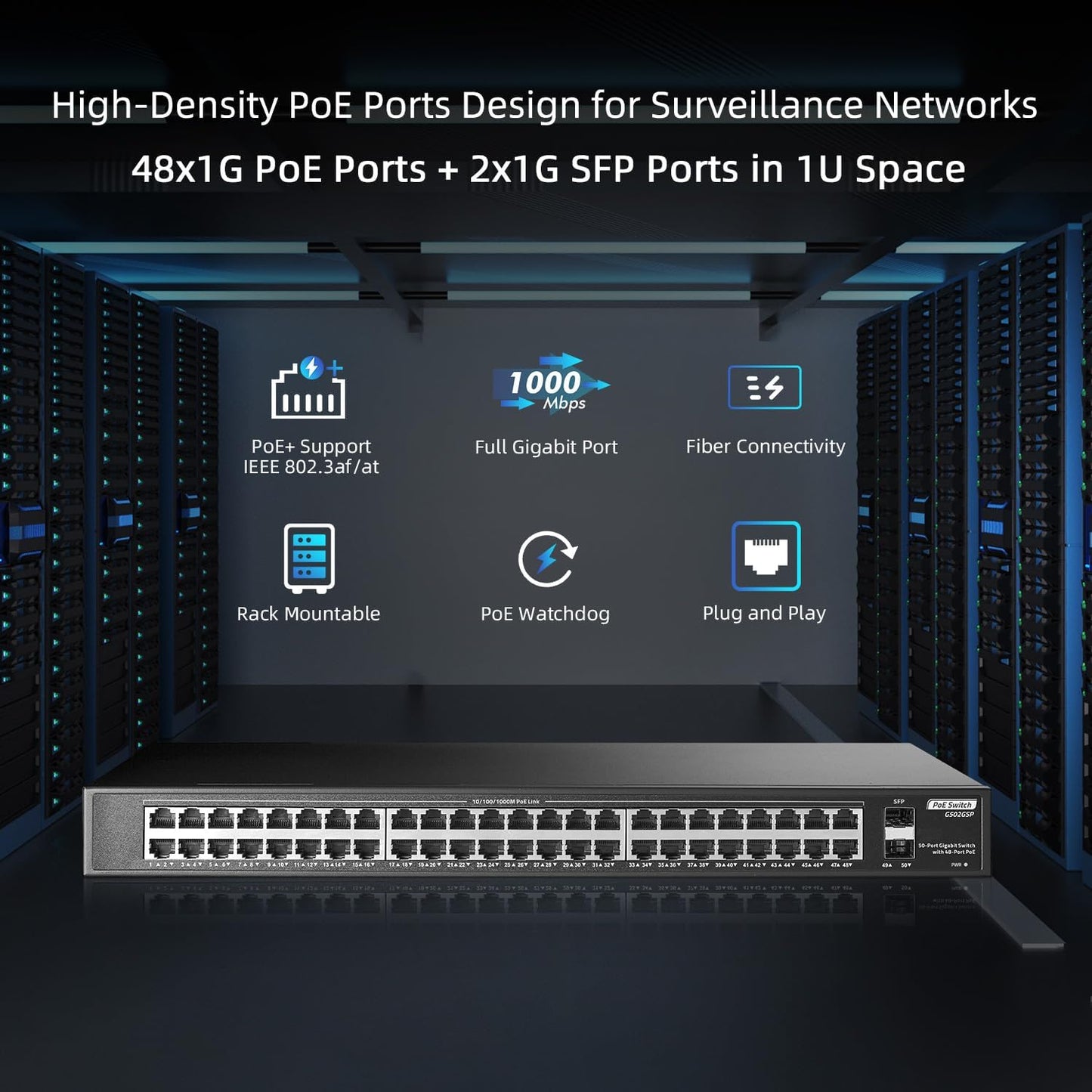 48 Port Full PoE Gigabit Switch with 2 Gigabit SFP, IEEE802.3af/at Max 800W, YuLinca Unmanaged Rackmount Gigabit PoE Switch