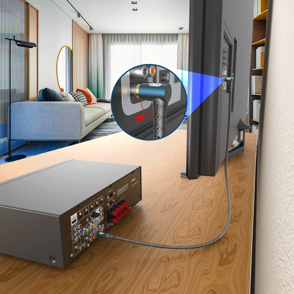 EMK RCA Subwoofer Cable 90 Degree RCA to RCA Audio Cable 24K Gold-Plated Nylon Braided Double Shielded Digital Analogue Supports Amplifiers,Home Theater,Hi-Fi Systems,Subwoofer(50ft/15m)