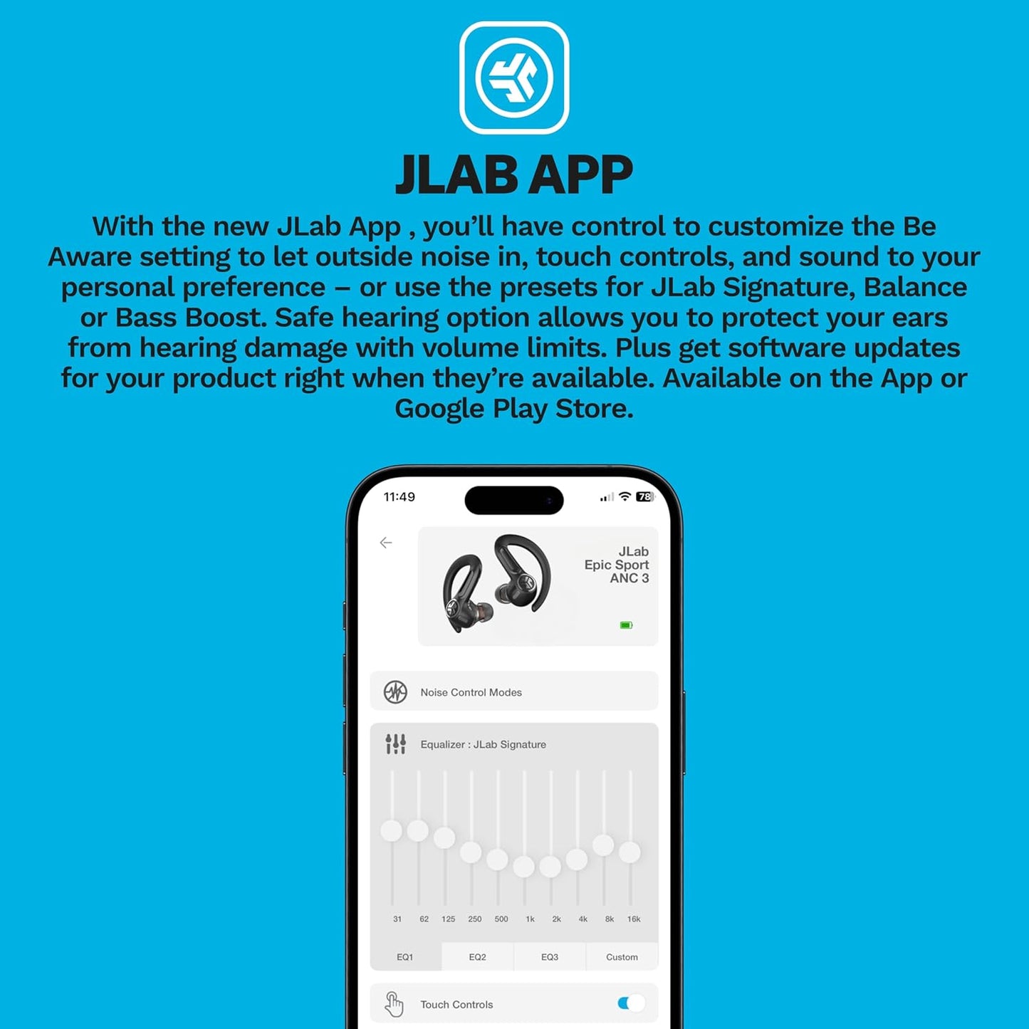 JLab Epic Air Sport ANC 3 True Wireless Bluetooth Earbuds for Active Workout, Hybrid Dual Drivers for Premium Sound, Hi-Res Audio, Spatial Audio, AAC, Sweatproof, 12+ Hours Playtime, Google Fast Pair