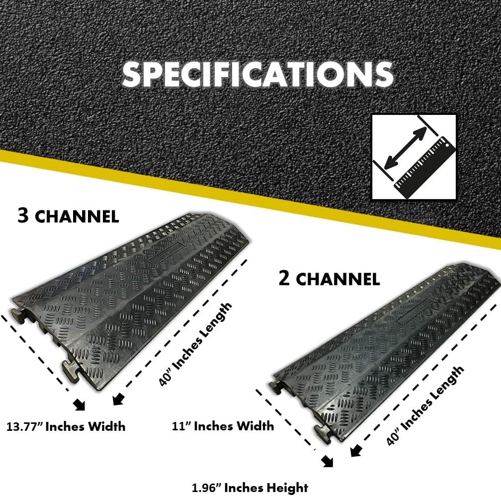 Kable Kontrol Drop Over Floor Cord Cover – 40” Inch Long 3 Channel Cable or Wire Protector – 60 Pcs Bulk Pack - Rubber Ramp for Indoor and Outdoor Use – Black