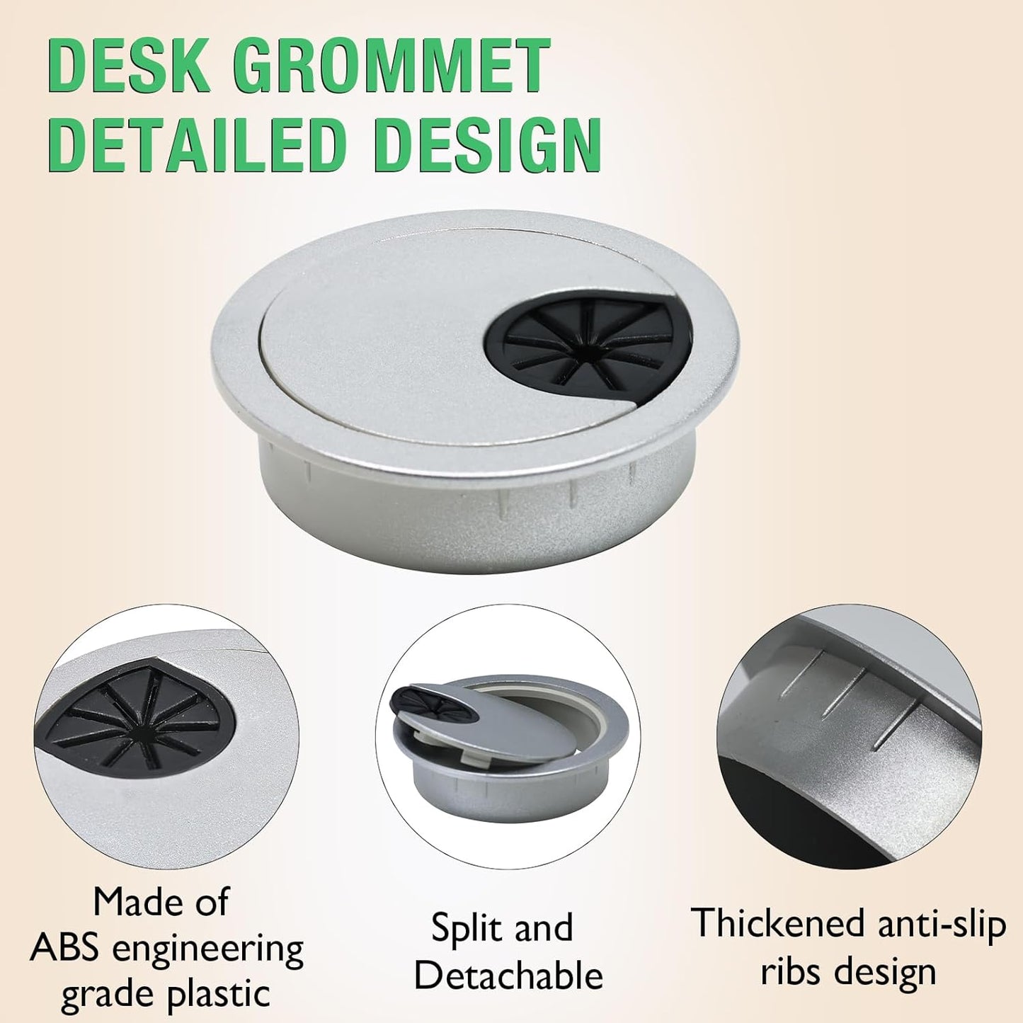 5 Pcs Desk Grommet 2" / 50 mm, Desk Cord Hole Cover, Cable Grommet ABS Plastic, Desk Hole Grommet for Home & Office Pc, Detachable Cable Cord Organizer-Silver Sand