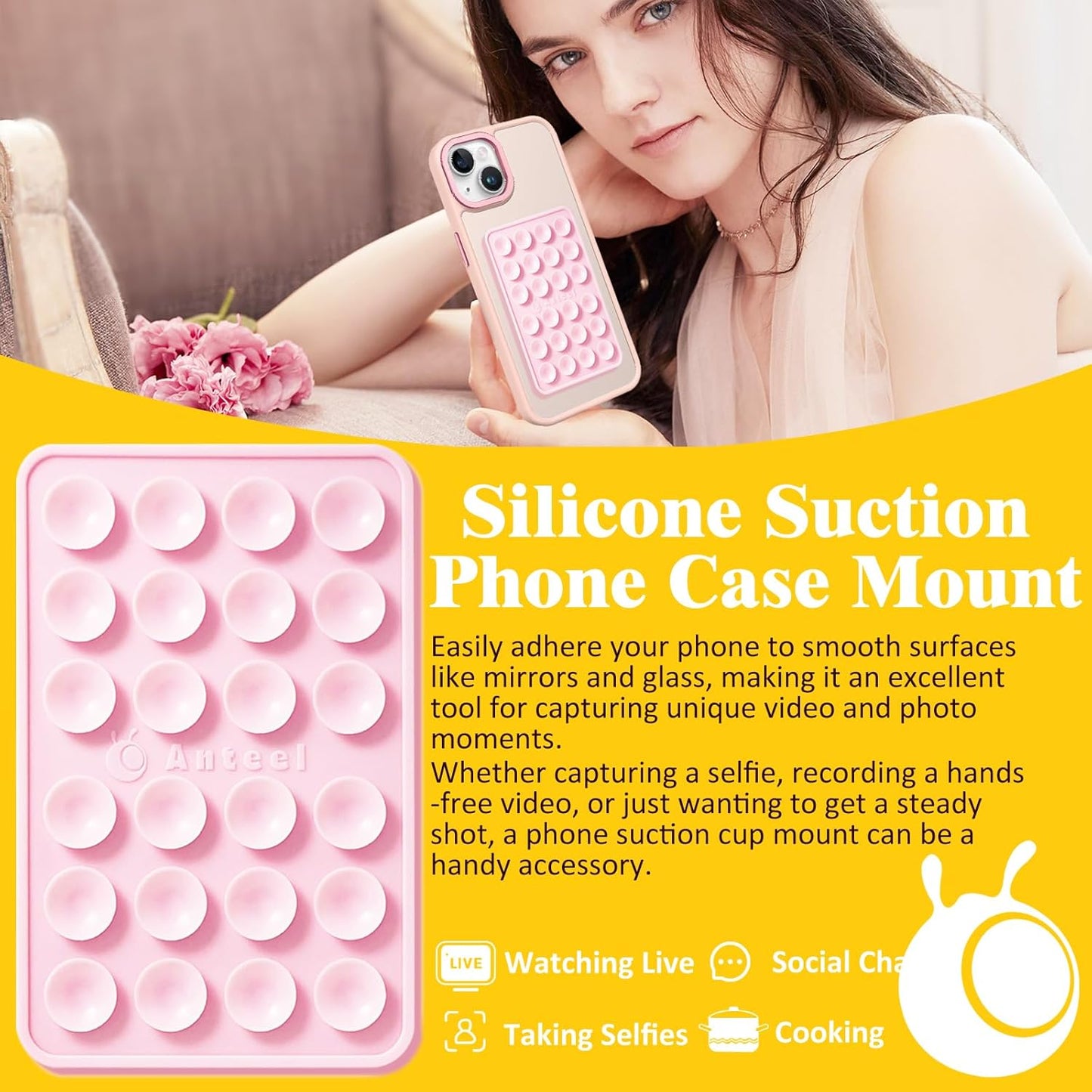 Anteel Medium-Sized Silicone Suction Phone Case Adhesive Mount, Enhanced Suction Power and Upgraded Thickened Sticky Phone Grip, Durable, Hands-Free Sticky Phone Holder, 2.28"x3.46" (LPK&WHT)