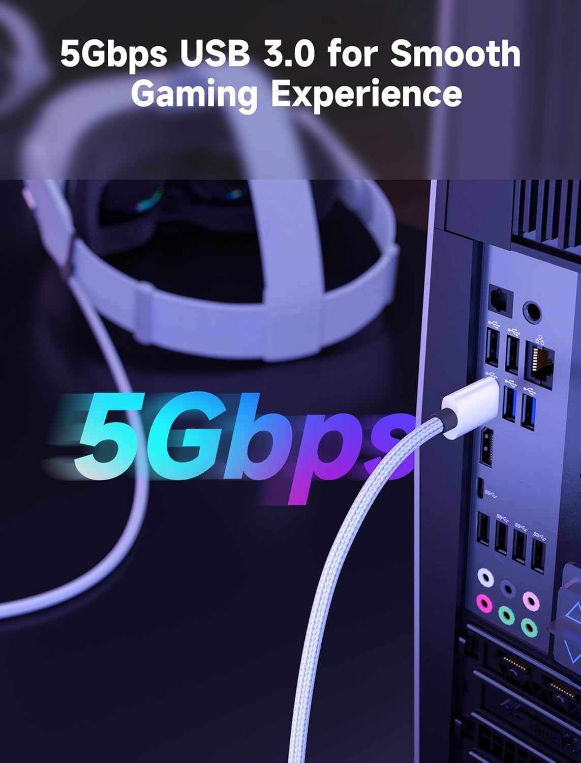 JSAUX Link Cable with 18W Charging 16ft, Compatible with Oculus Meta Quest 3S/ 3/ 2/ Pro and Pico 4, PC VR, Steam VR Accessories, 2-in-1 High Speed 5Gbs USB3.0 to USB C Data Cord for VR Headset