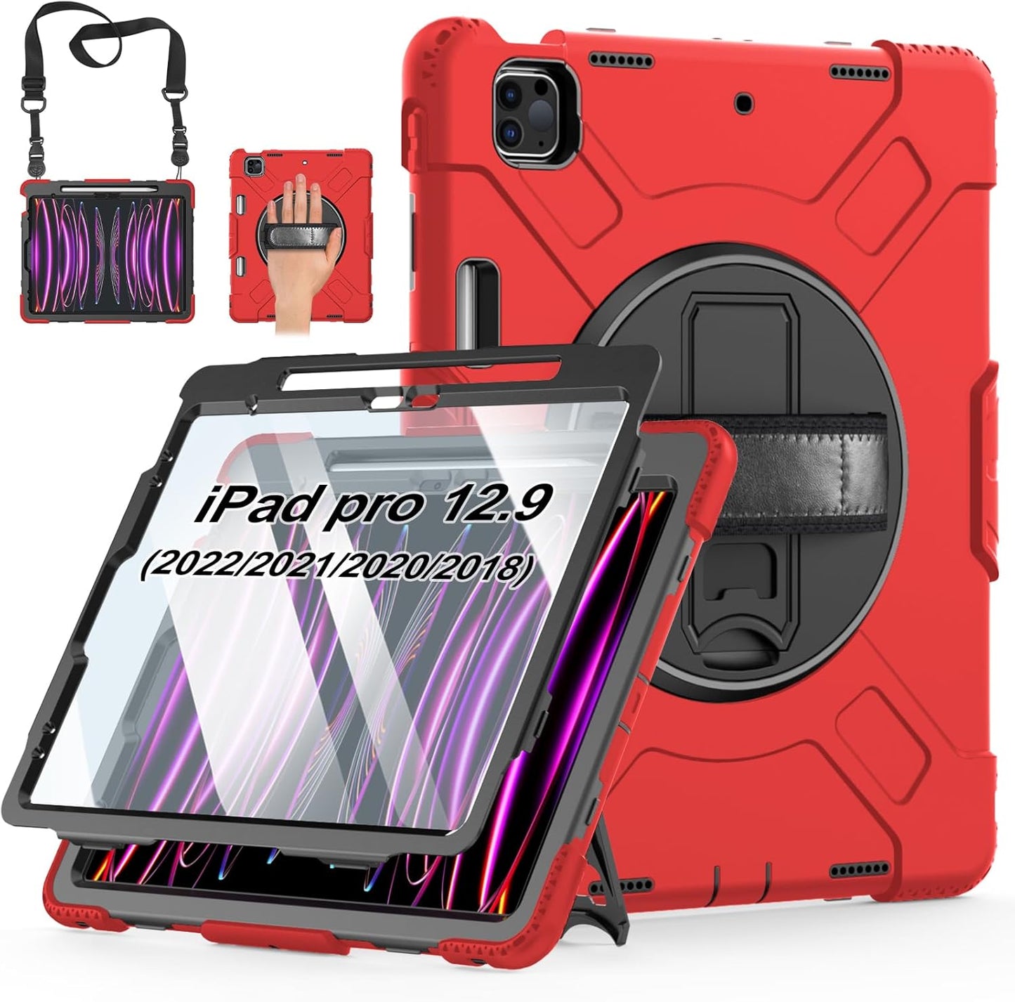 Case for iPad Pro 12.9 2022/2021/ 2020/2018: Cover for iPad Pro 12.9 6th/ 5th/ 4th/ 3rd Generation with Screen Protector- Stand- Pencil Holder- Handle- Shoulder Strap Red