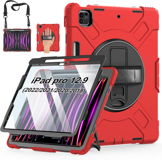 Case for iPad Pro 12.9 2022/2021/ 2020/2018: Cover for iPad Pro 12.9 6th/ 5th/ 4th/ 3rd Generation with Screen Protector- Stand- Pencil Holder- Handle- Shoulder Strap Red