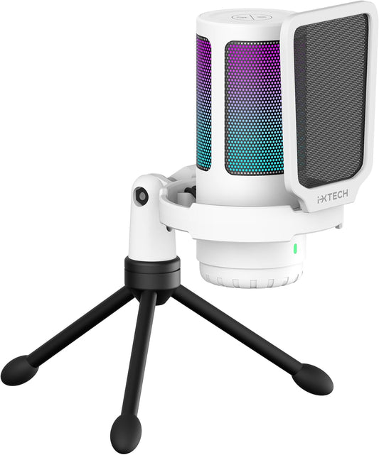 IXTECH USB Gaming Microphone for PC, RGB Condenser Microphone with Tripod Stand, Pop Filter, Rotate Gain Button, and Quick Mute, Noise Cancellation Computer Mic for Streaming, Gaming, Podcasting