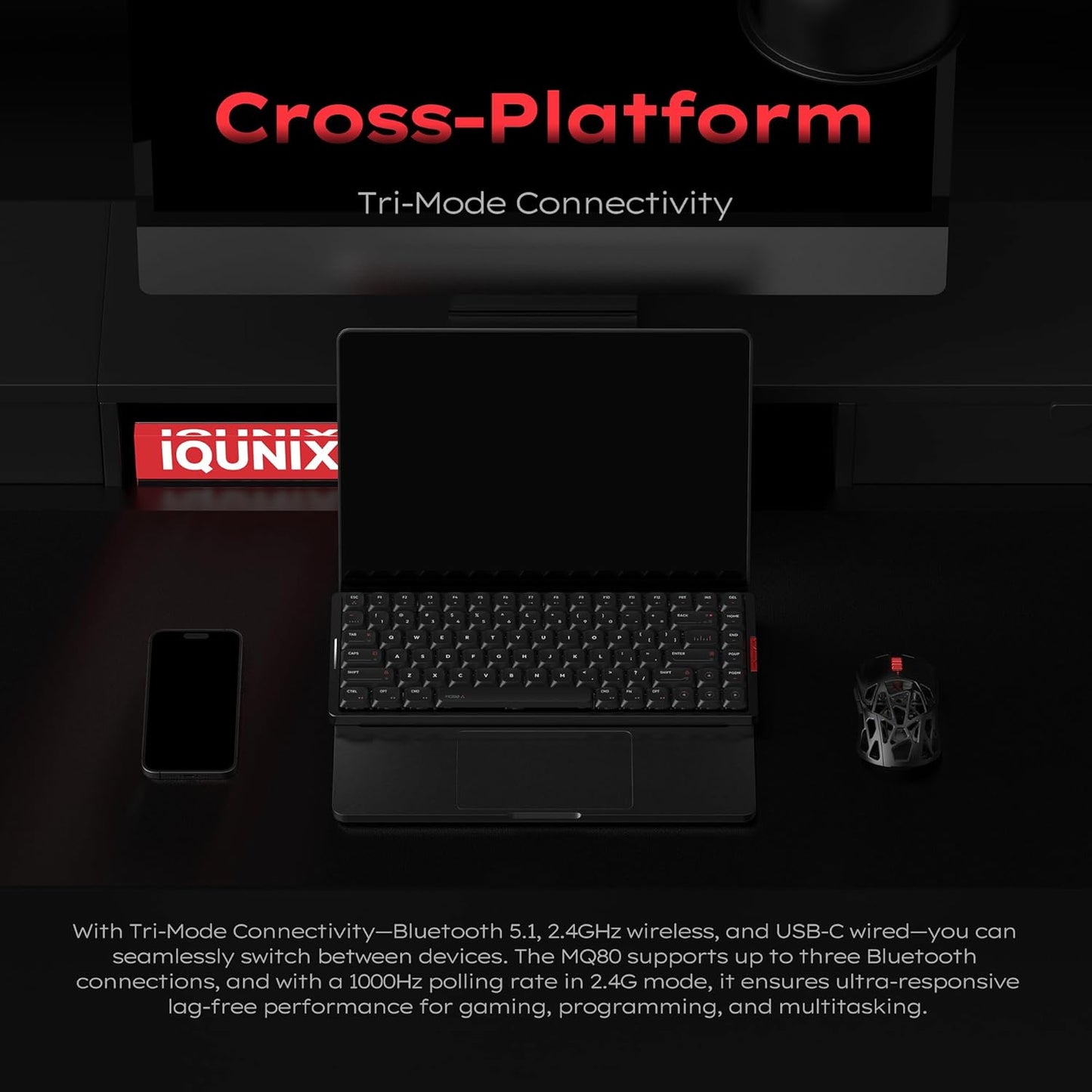 IQUNIX MQ80 Low Profile Mechanical Keyboard for Work and Gaming Tri Mode Wireless Wired CNC Aluminum Hot Swappable RGB Backlit Long Battery Life VIA Support (Silver)