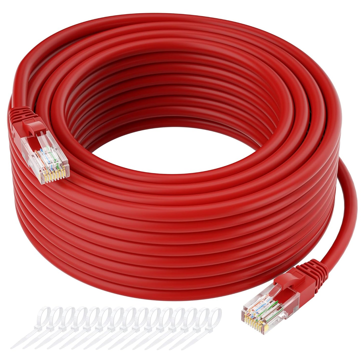 Cat5e Ethernet Cable 35 FT, Cat 5e Internet Cable, Red Snagless Patch Cord, Flexible, Network, LAN, PoE, Standard RJ45 Connector for PC, Server, Router, Modem, TV, PS5 - with 15 Cable Ties
