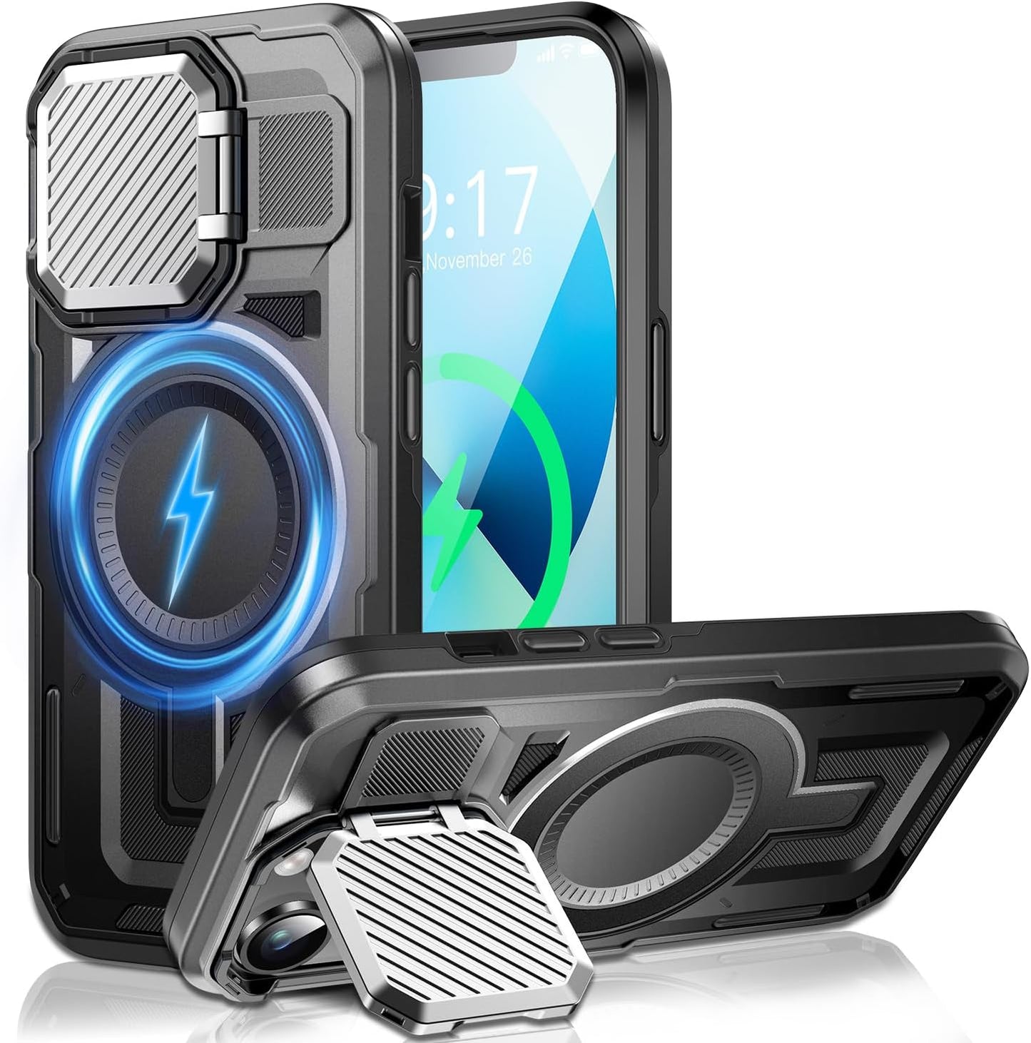 Camera Stand Case for iPhone 14 Plus, [Compatible with Mag Safe] [Lens Cover] 2024 Version Military Grade Protective Soft Case for iPhone 14 Plus 6.7 inch Men Women, Black