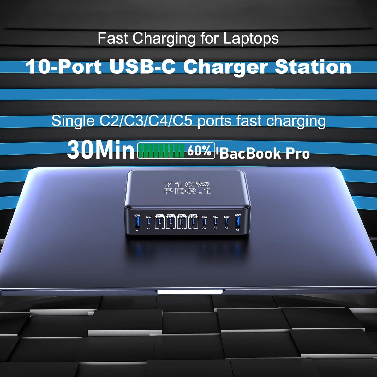CHIPOFY 710W USB C Charger Block, 10 Port USB C Charging Station, Dual PD3.1 140W QC3.0 60W GaN Laptop Fast Wall Charger for MacBook Pro/Air, iPad, iPhone, Samsung Galaxy