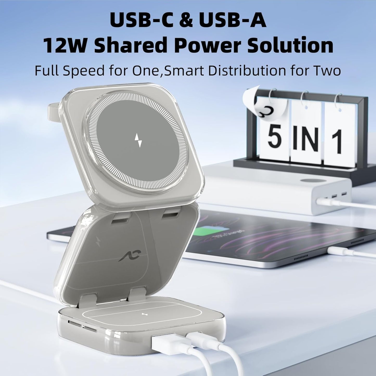5-in-1 Wireless Charger for MagSafe, AC ISLAND Portable Travel Charging Station, 15W Max Fast Foldable Magnetic Stand, Evolved for iPhone 16/15/14/13 Series, Apple Watch, AirPods (with 35W Adapter)