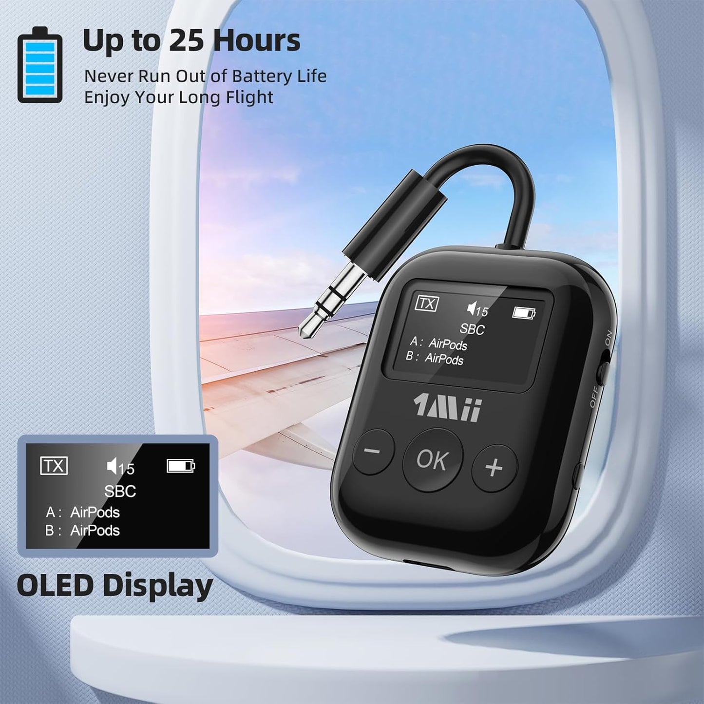 Airplane Bluetooth 5.3 Transmitter for All Headphones - Bluetooth Adapter for TV - Dual Connection - aptX Low Latency - Flying Travel,Long Flight Essentials - Wireless Audio Aux for MP3,Game,PC-Black