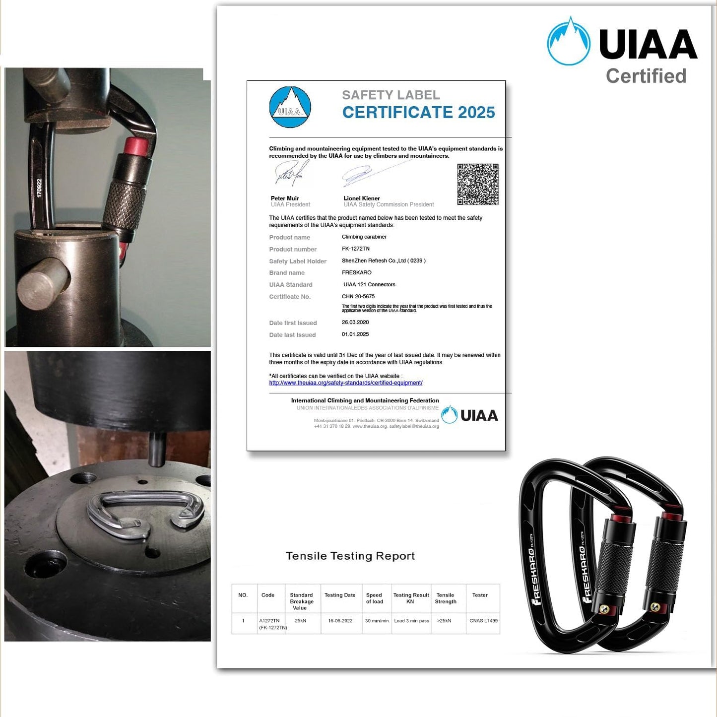 FresKaro UIAA Certified 25KN Auto Locking Climbing Carabiner Clips, Twist Lock, and Heavy Duty Carabiners for Rock Climbing, Rappelling, and Mountaineering, D Shaped