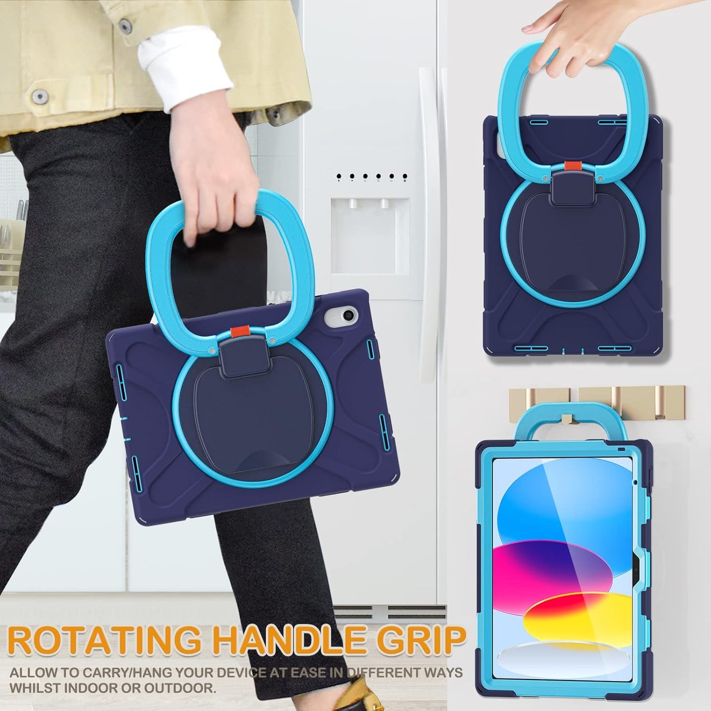 BRAECN Case for iPad (A16) 11th/10th Generation 11”/10.9'' 2025/2022, Heavy Duty Shockproof Cover with Pencil Holder/Screen Protector/Rotating Handle Grip/Stable Kickstand/Shoulder Strap, Navy Blue