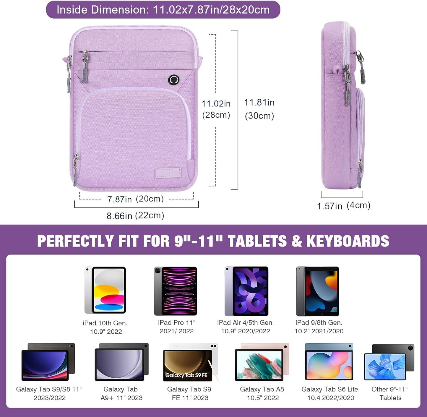 MoKo 9-11 Inch Tablet Sleeve Bag, Fits 11 inch iPad Air M3, iPad A16 2025, Pro 11 M4, 10/9/8/7th, Tab S8/S9 11, Multifunctional Bag with Shoulder and Headphone Port, Purple