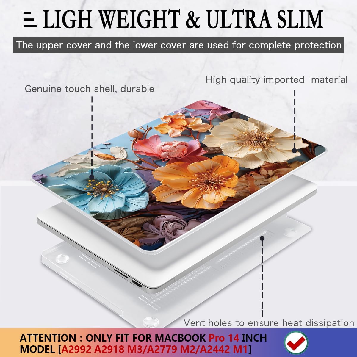 CISSOOK Compatible with MacBook Pro 14 inch Case 2024 2023 2022 2021 Release M4 A3401 A3112 A3185 M3 A2918 A2992 M2 A2779 M1 A2442 Pro Max Chip, Floral Hard Shell Case + Keyboard Cover, Silk Flowers