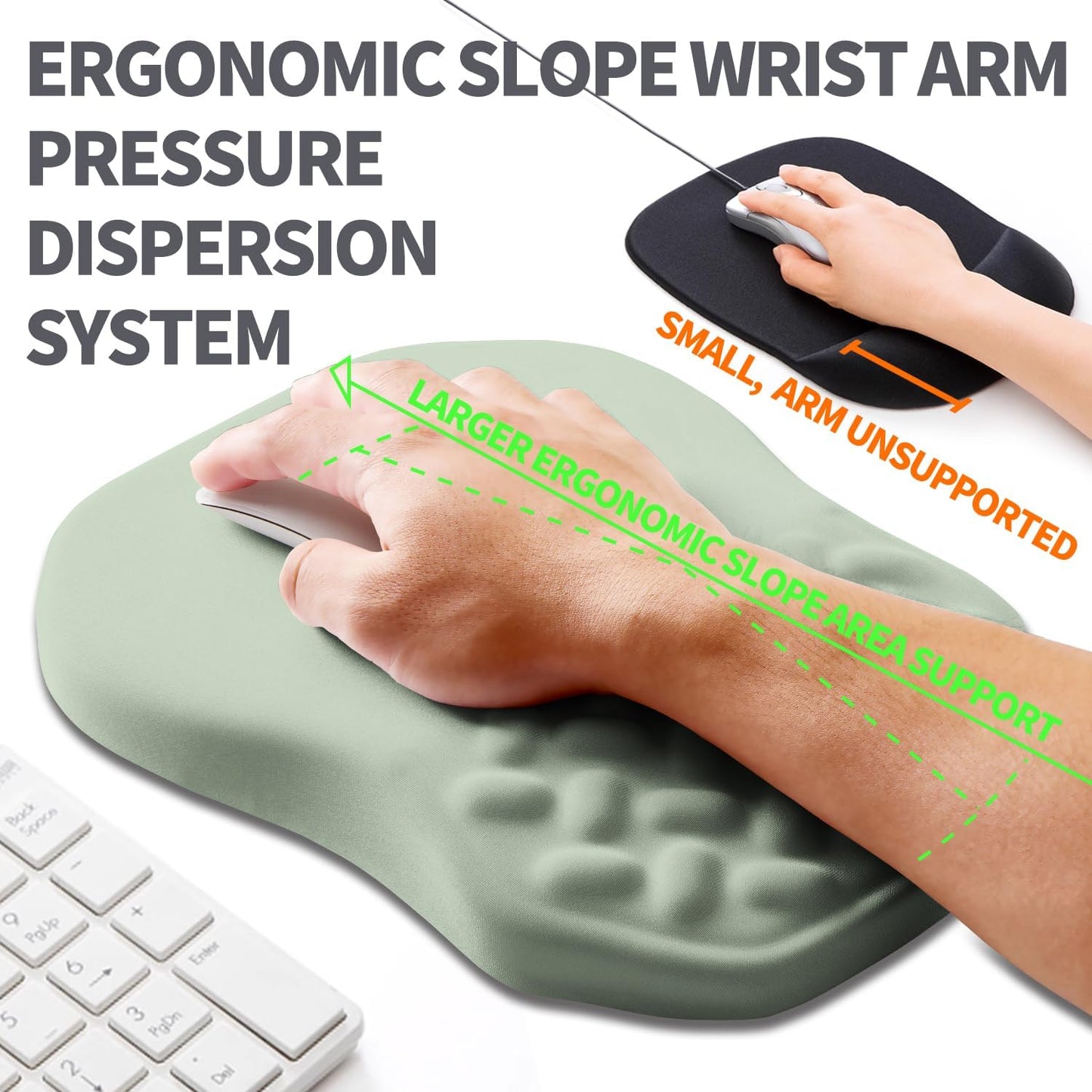 Ergonomic Slope Mouse Pad Wrist Support, Wrist Rest Mousepad for Carpal Tunnel Pain Relief with Massage Bulge and Slow Rebound Memory Foam (12x8 inch, Light Green)