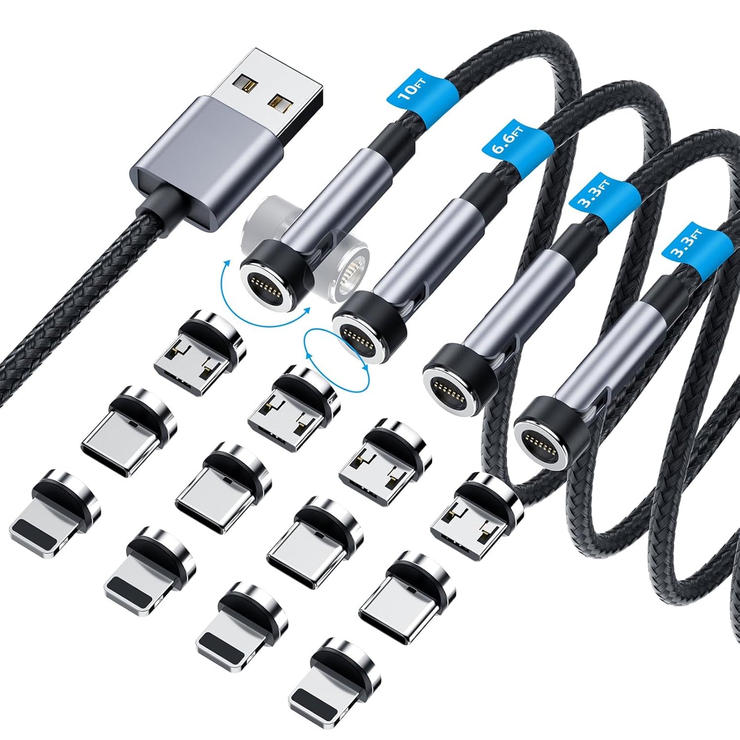 540° Rotation Magnetic Charging Cable, 3 in 1 Magnetic Phone Charger [4-Pack, 3ft/3ft/6ft/10ft] 3A Fast Charging Cable Support Data Transfer USB Magnet Charger Cable for i-P/Micro USB/Type C Device