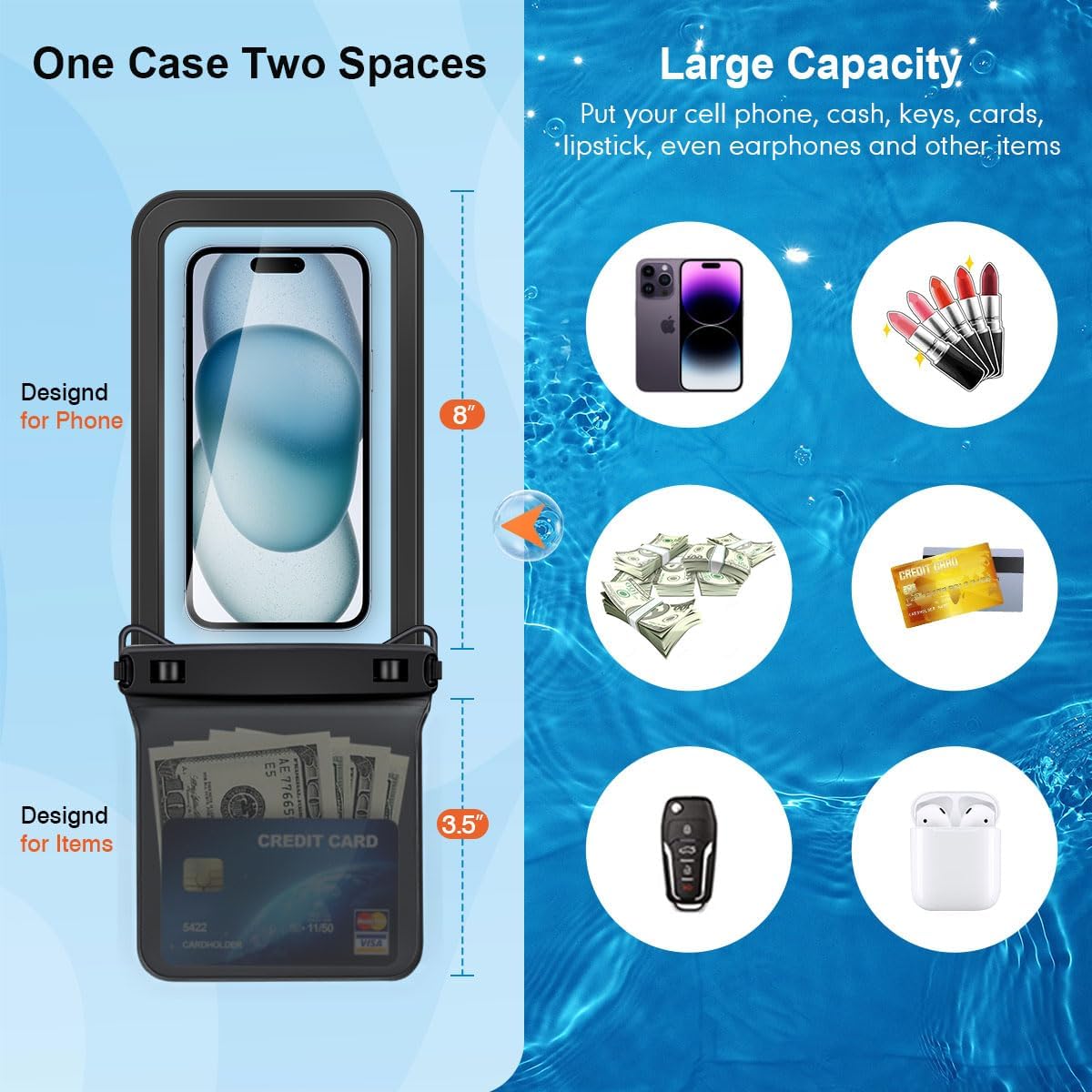 Double Space Waterproof Phone Pouch, 2 Pack Waterproof Phone Case with Lanyard for iPhone 16 15 Pro Max Galaxy S23 Pixel 7a up to 8.5’’, Cellphone Dry Bag for Beach Vacation Travel Cruise Essentials