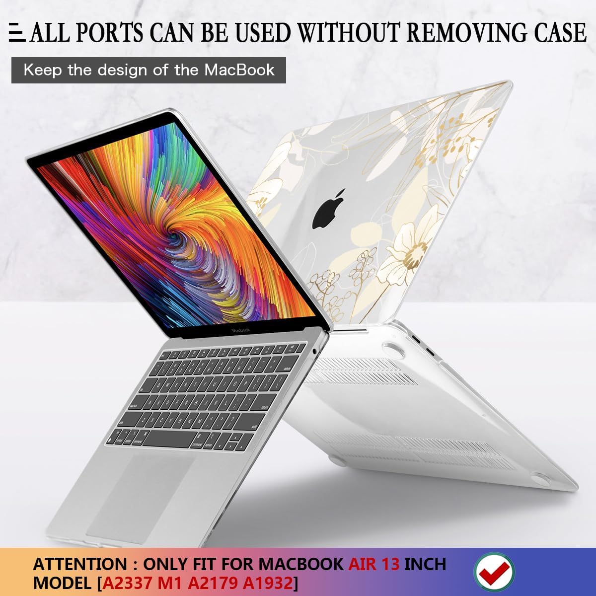 CISSOOK for MacBook Air 13 inch Case 2021 2020 2019 2018 Release Model A2337 A2179 A1932 with Retina Display +Touch ID, Plastic Hard Shell Case + Keyboard Cover for MacBook Air 13 M1, Golden Flowers