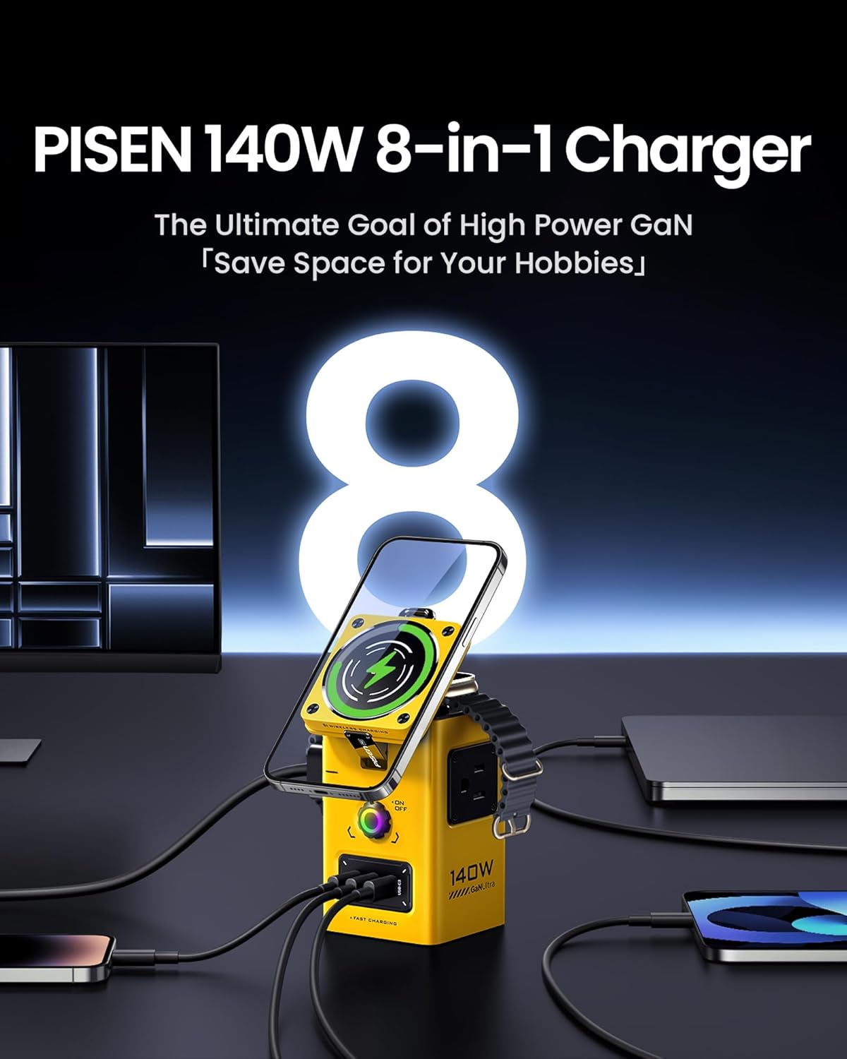 PISEN 8-in-1 Mag-Safe Charger Stand - 140W Charging Station for Multiple Devices Mag-Safe Stand Magnetic Qi2 Wireless Charger for iPhone 16/15/14/13/12, Magnetic Charger for Apple Watch (Yellow)
