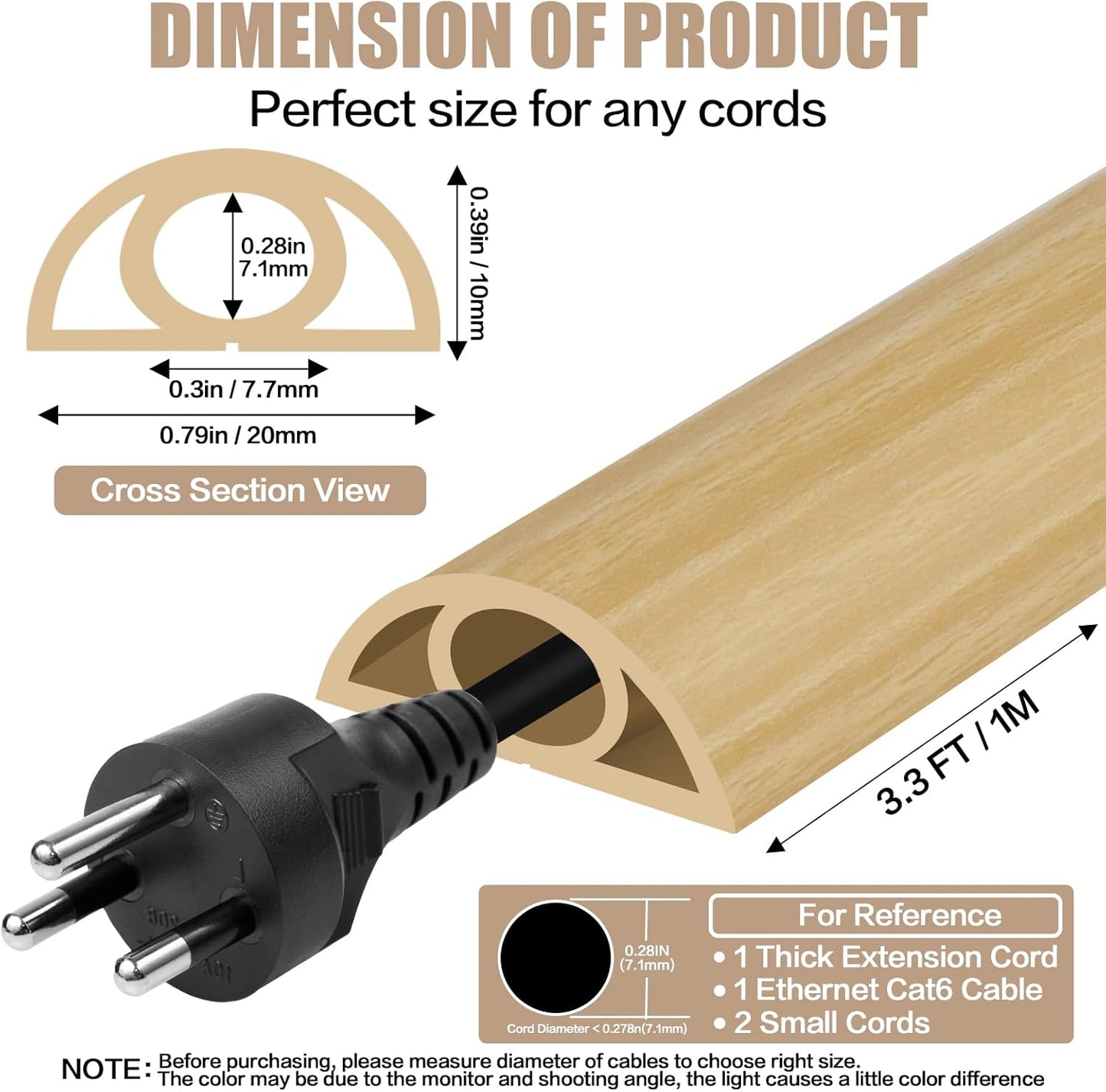 Floor Cord Cover Self Adhesive Cord Hider,3.3FT Cable Management, Extension Strip Protector for Wires, Prevent Cable Trips for Offices, Gyms, Exhibitions Cavity:0.3"(W) x0.28(H) WoodLightyellow