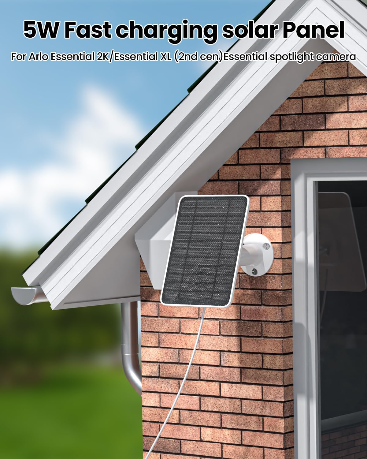 5W Solar Panel Charger Compatible with Arlo Essential 2K Outdoor Camera(2nd Gen)/Essential Outdoor XL(2nd Gen)/Essential Spotlight, IP65 Waterproof 10ft USB-C & Micro USB Cable & Wall Mount, 3 Pack