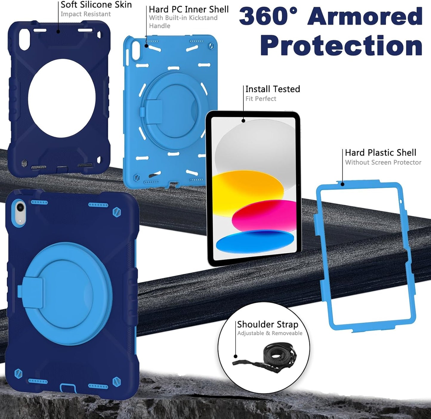 Case for iPad (A16) 11th Generation 11 inch 2025/10th Generation 10.9 inch 2022, Heavy Duty Shockproof Kids Protection Cover with Pencil Holder/360° Rotating Stand/Handle/Shoulder Strap, Navy Blue