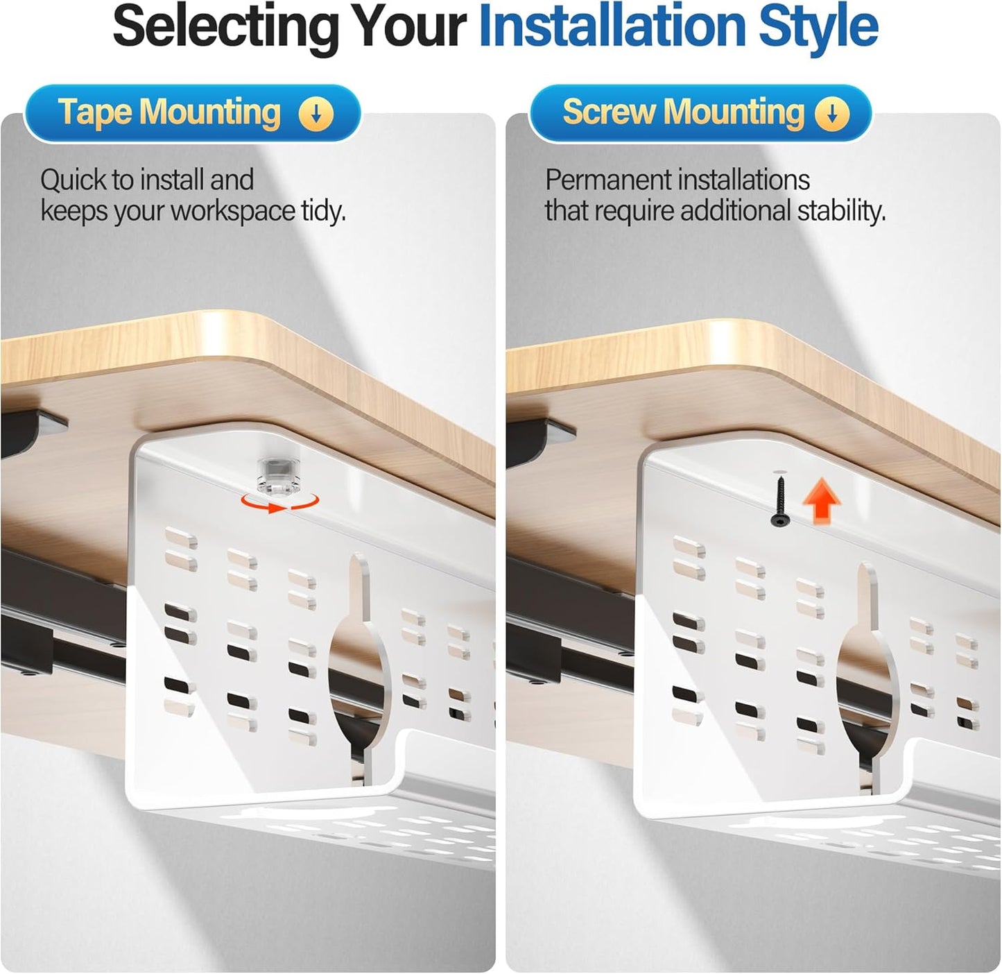2 Pack Cable Management Under Desk White, Cinati 32" Large Cable Management Tray, Under Desk Alloy Steel Wire Organizers, Cord Hider Tray for Office and Home - Tape or Screw Installation