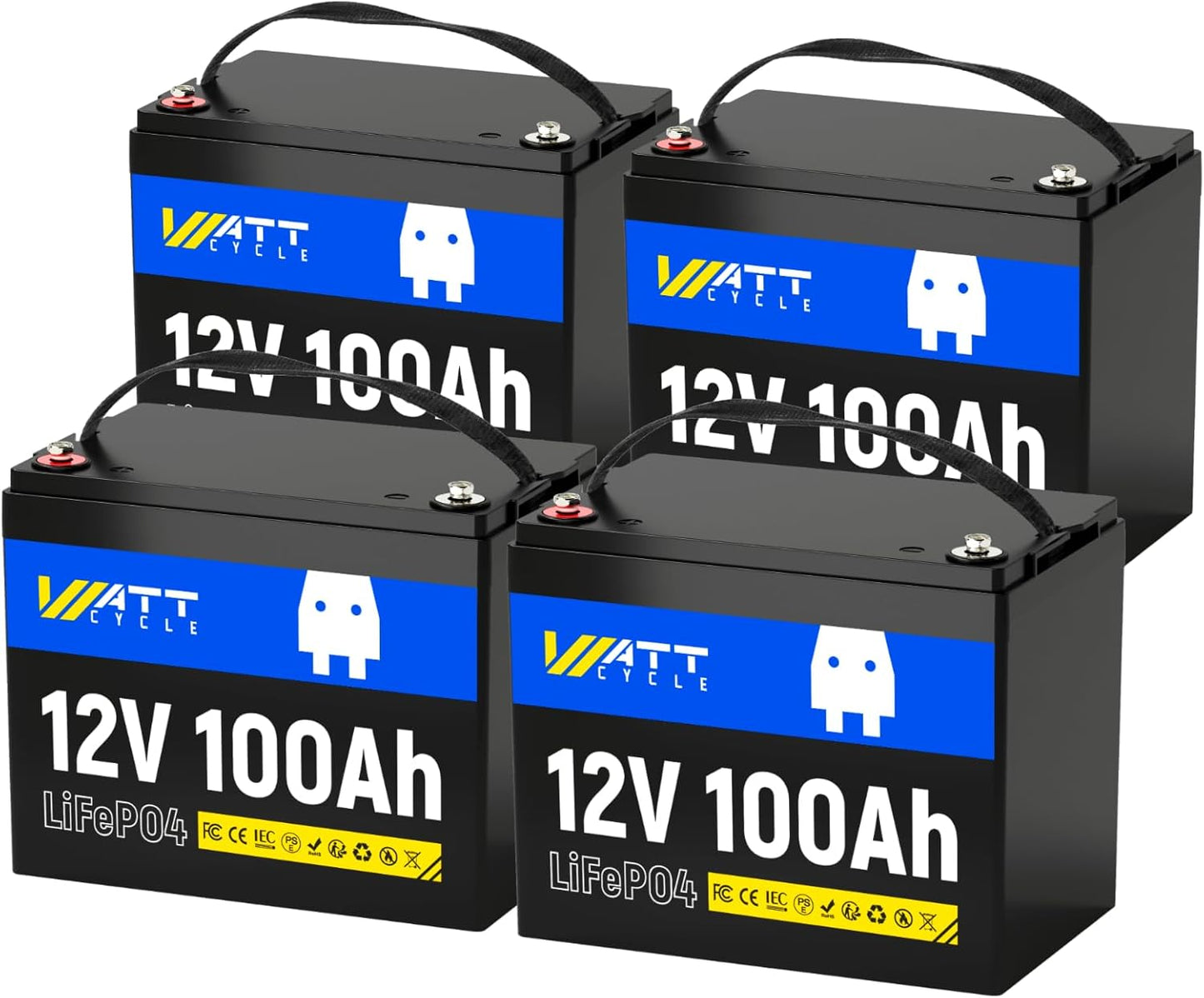 12V 100Ah LiFePO4 Lithium Battery 4 Pack - BCI Group 24, 15000 Cycles, Built-in 100A BMS, Low-Temperature Protection - Ideal for RVs, Golf Cart, Home Energy Storage, Marine (4 Pack)