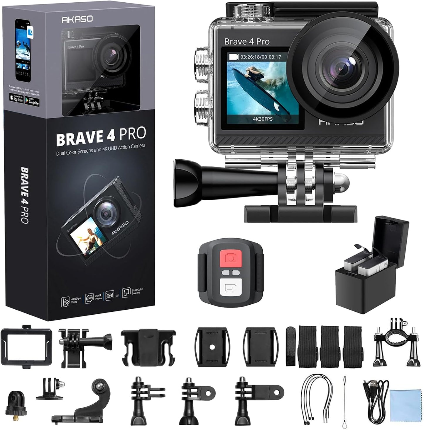 AKASO Brave 4 Pro 4K30FPS Action Camera - 131ft Underwater Camcorder Waterproof Camera with Touch Screen Advanced EIS Remote Control 5X Zoom Underwater Camera Support External Mic