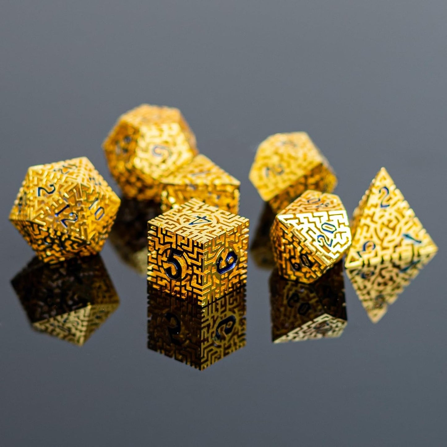 Golden Metal Hollow DND Dice Set (Paladin) Metallic Luster Maze Design with Storage Box - Balanced Weight 7 Piece Zinc Alloy, Designed for Dungeons and Dragons DM Player RPG Accessories
