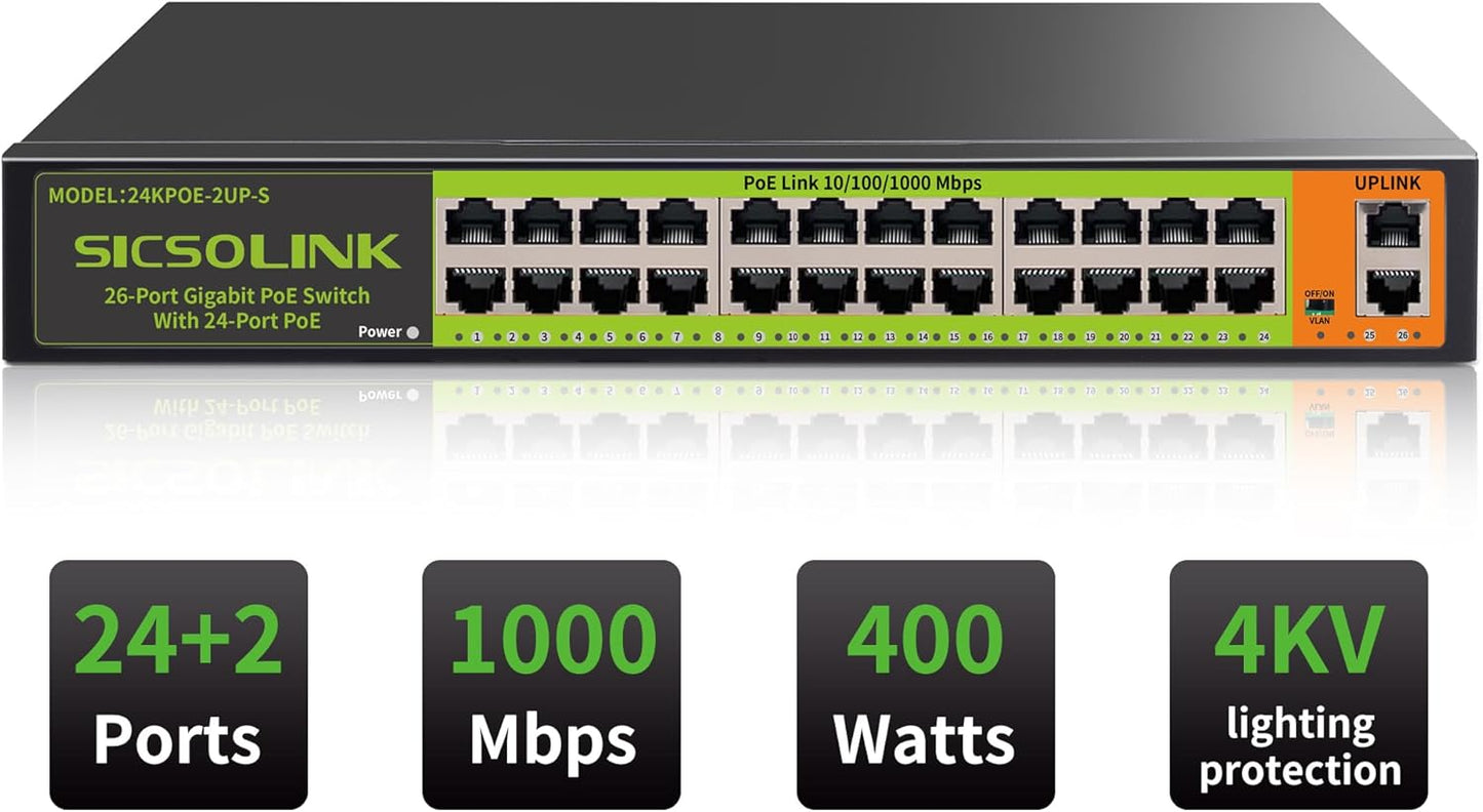 24 Port Full Gigabit PoE+ Switch, 2 Gigabit Network Uplink, 400W, Unmanaged, Fanless Silent Operation, 802.3af/at, 19''Rackmount, Qos, Suitable for POE Camera, AP, PC