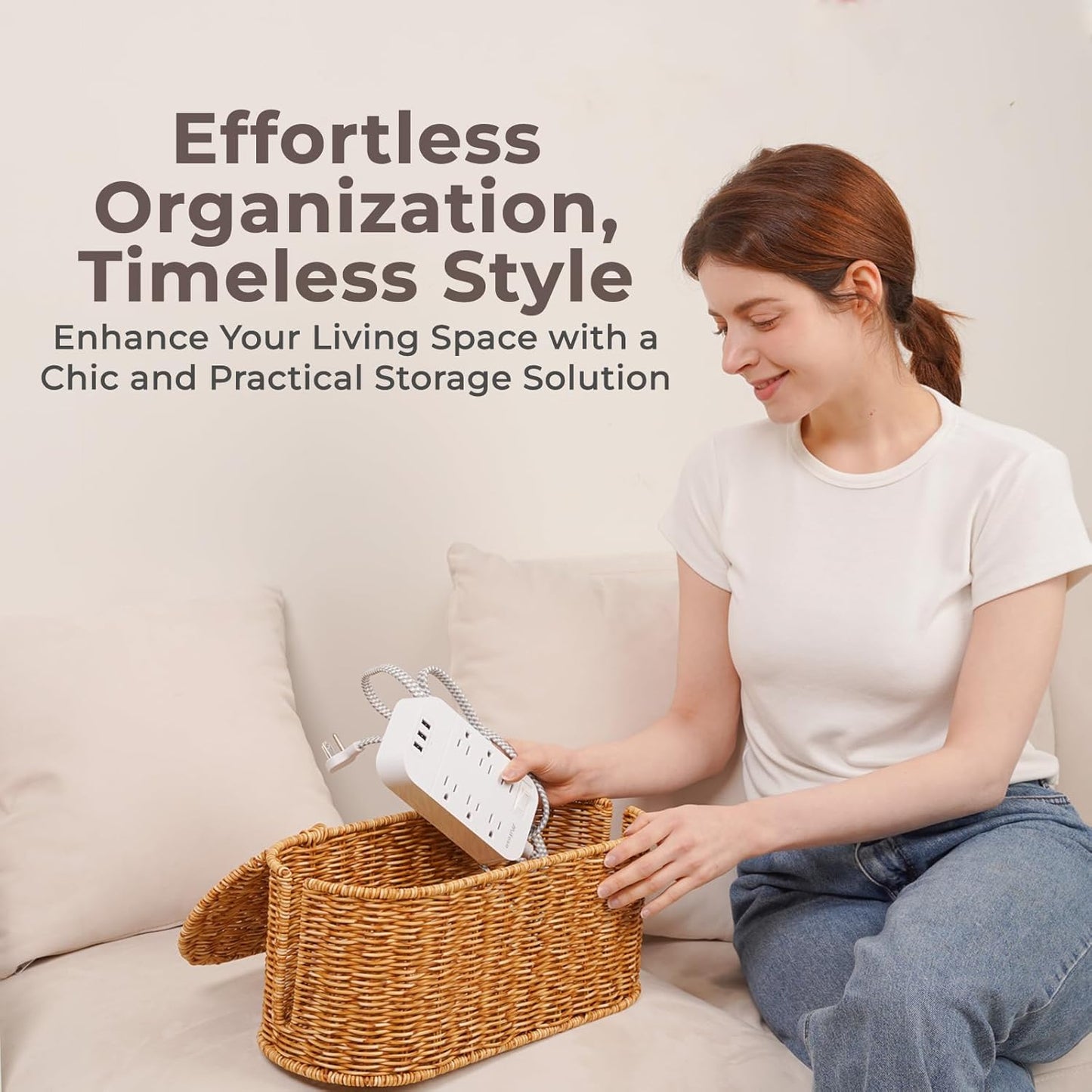 Cable Management Box, Handmade Rattan Cable Organizer, 2 Open Slots Cords Hider Box, Under Desk Cord Organizer for Computer Router USB Hub & Power Strip, Patent Pending, 15.9" x 6.5" x 6.5", Natural