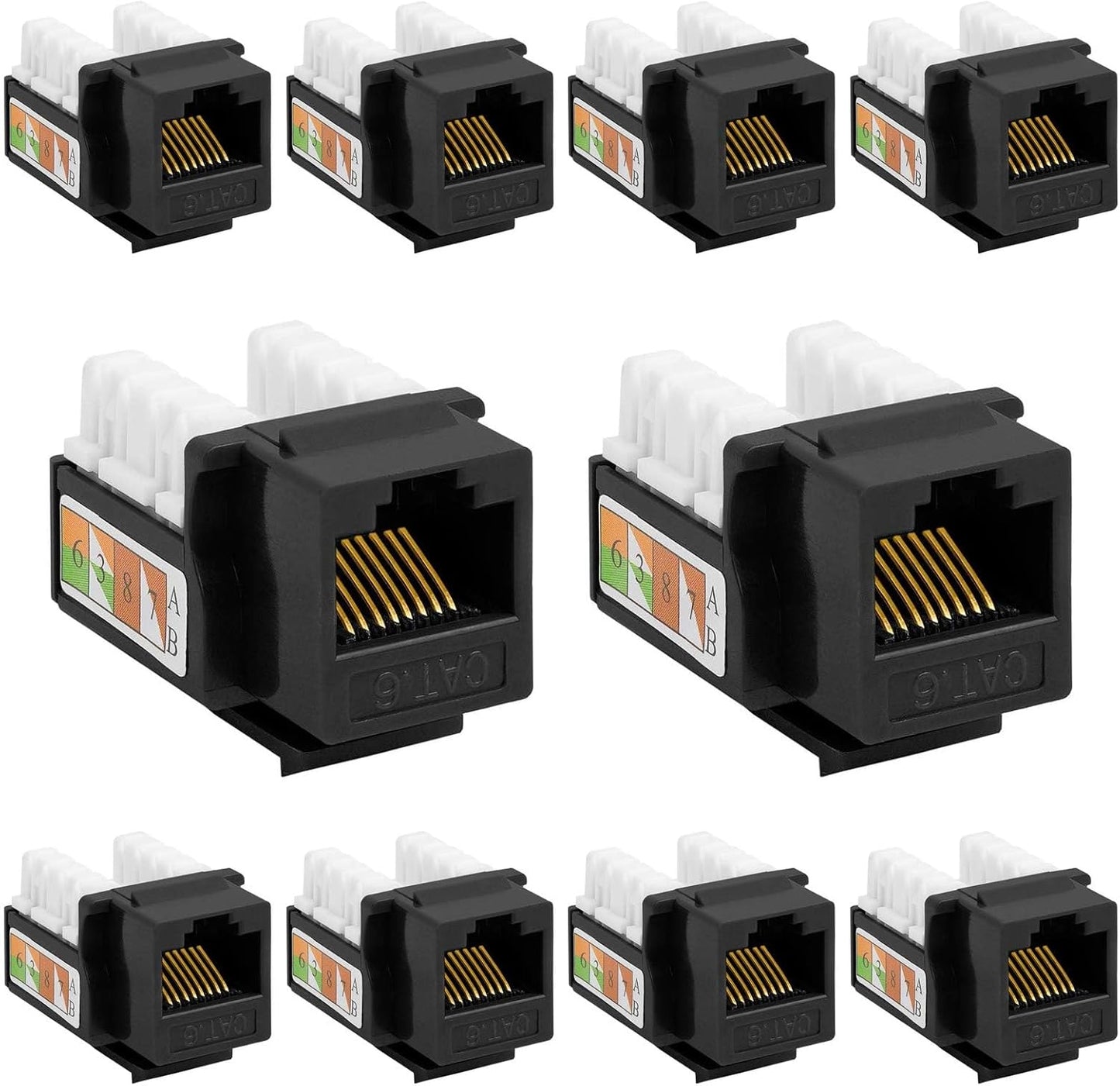 Cmple - 10 Pack Cat6 Keystone Jack Insert Punch Down RJ45 Connectors RJ45 90 Degree Female for Wall Plates, Patch Panels, Patch Cables, Ethernet Cables - Black