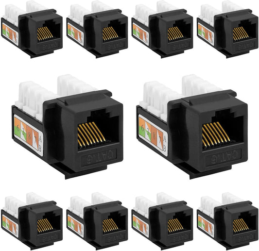 Cmple - 10 Pack Cat6 Keystone Jack Insert Punch Down RJ45 Connectors RJ45 90 Degree Female for Wall Plates, Patch Panels, Patch Cables, Ethernet Cables - Black