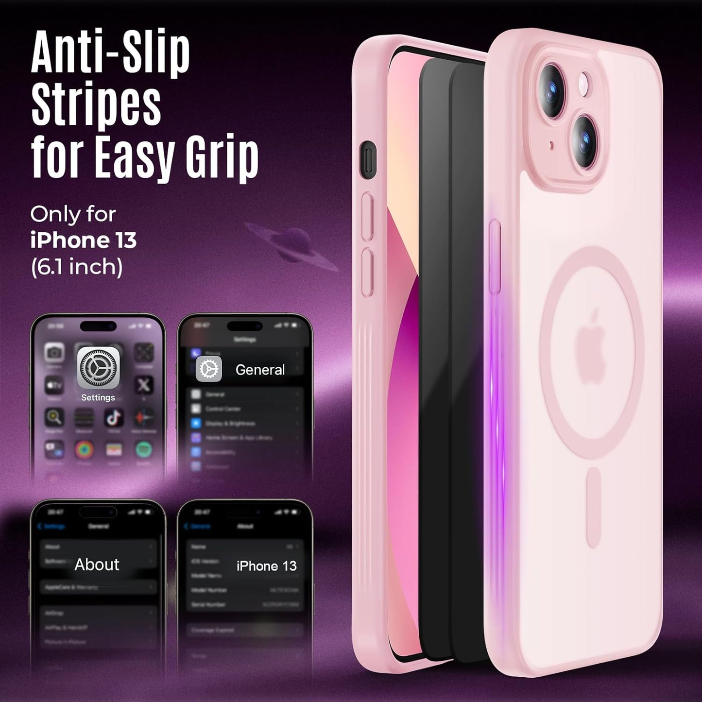 Designed for iPhone 13 Case, Compatible with MagSafe, with Privacy Screen Protectors X2, [Camera Protection] [15FT Military Drop Protection] Shockproof Phone Case, 6.1", Pink