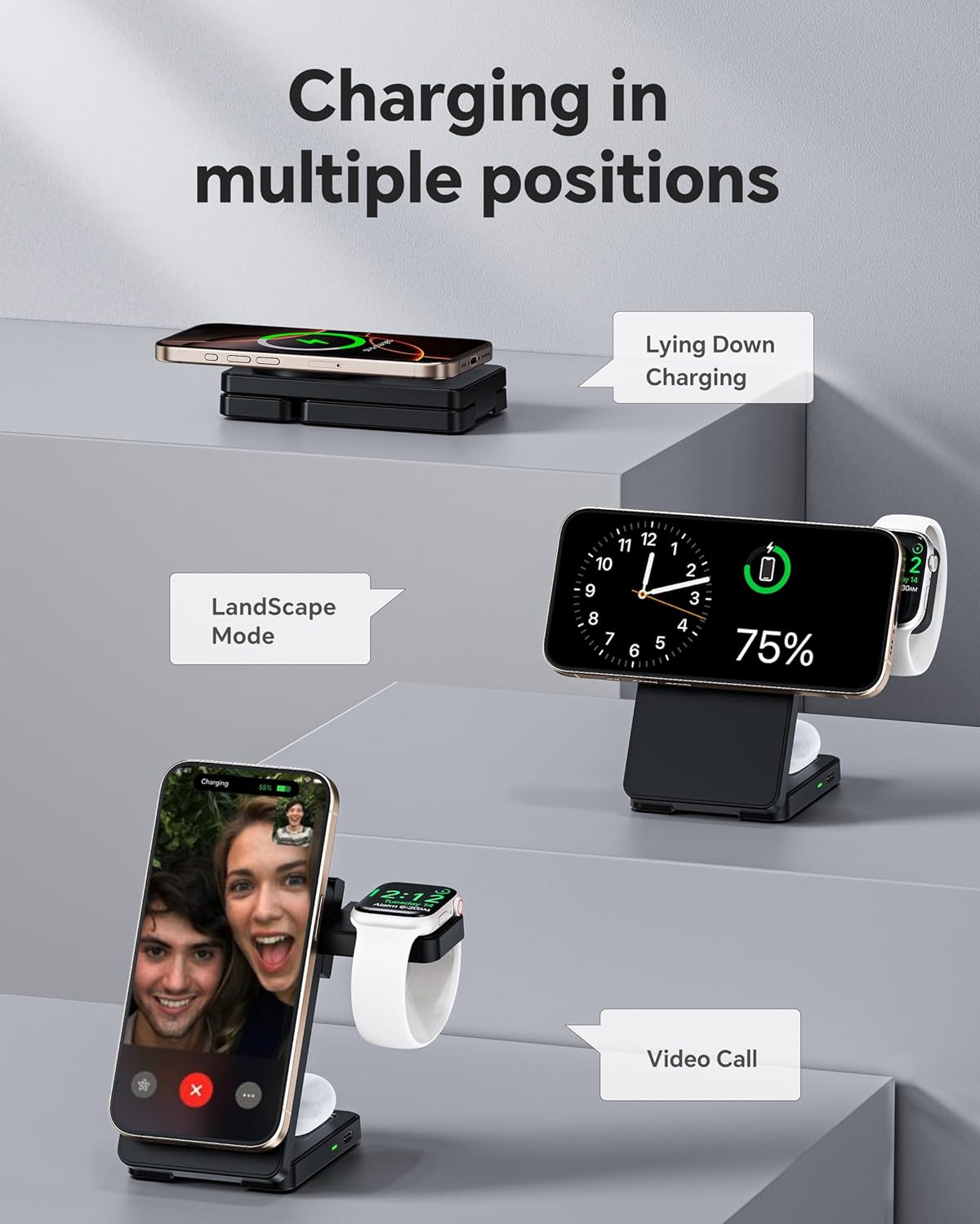 3 in 1 Charging Station for iPhone 16/15/14/13/12 Series, Wireless Charger for Apple Watch，Travel Magnetic Charging Stand for AirPods (Panda Color)